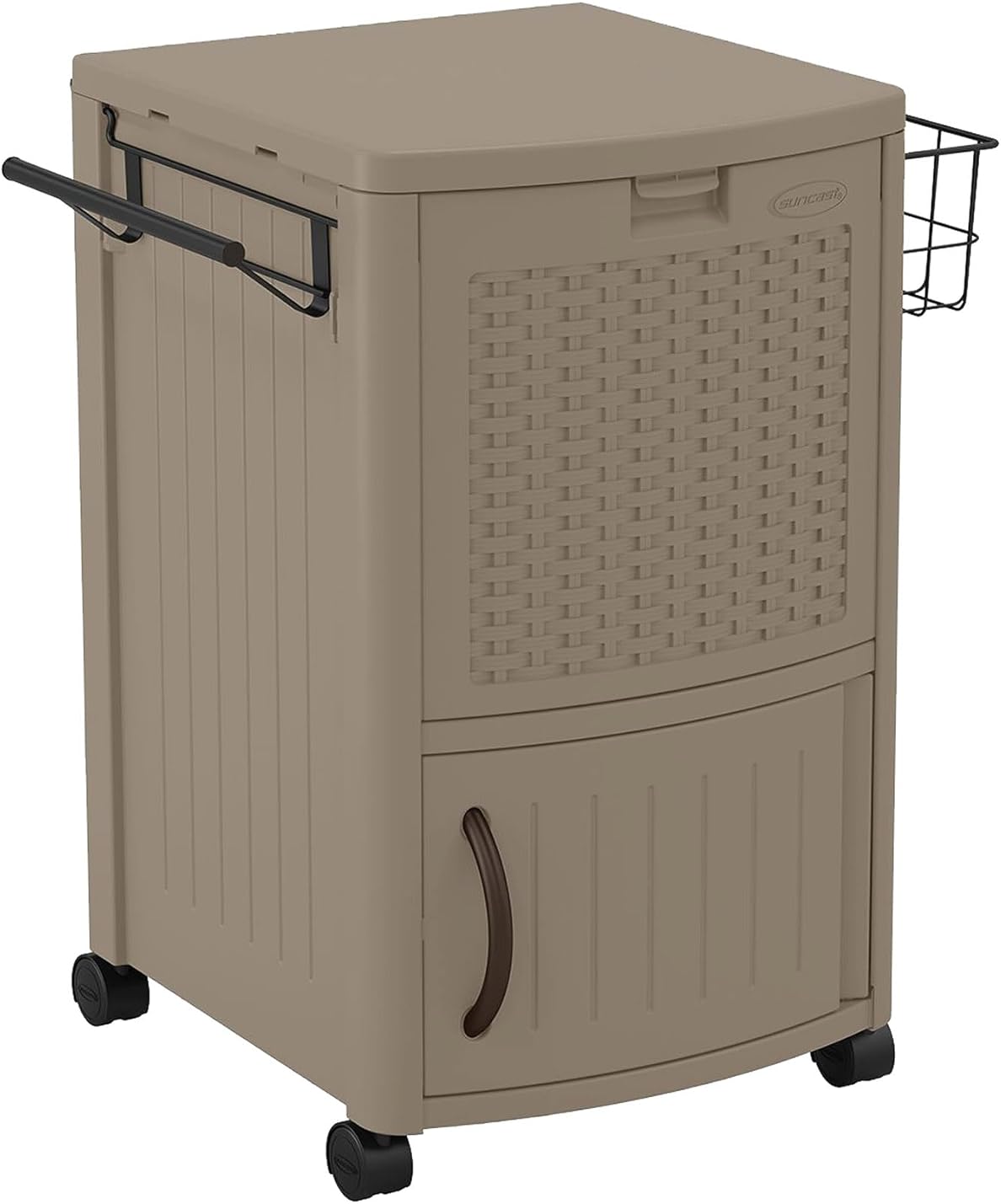 Suncast Resin 77 Quart Wicker-Look Outdoor Patio Cooler with Wheels, Hinged Lid, Built-In Storage Basket and Cabinet for Outdoor Entertaining, Java