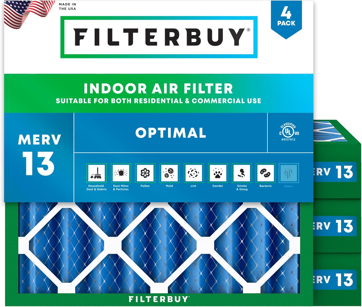 Filterbuy 30x30x4 Air Filter MERV 13 Optimal Smoke & Allergy Defense (4-Pack), Electrostatic Pleated HVAC AC Furnace Filters Replacement, Made in USA (Actual Size: 29.50 x 29.50 x 3.63)