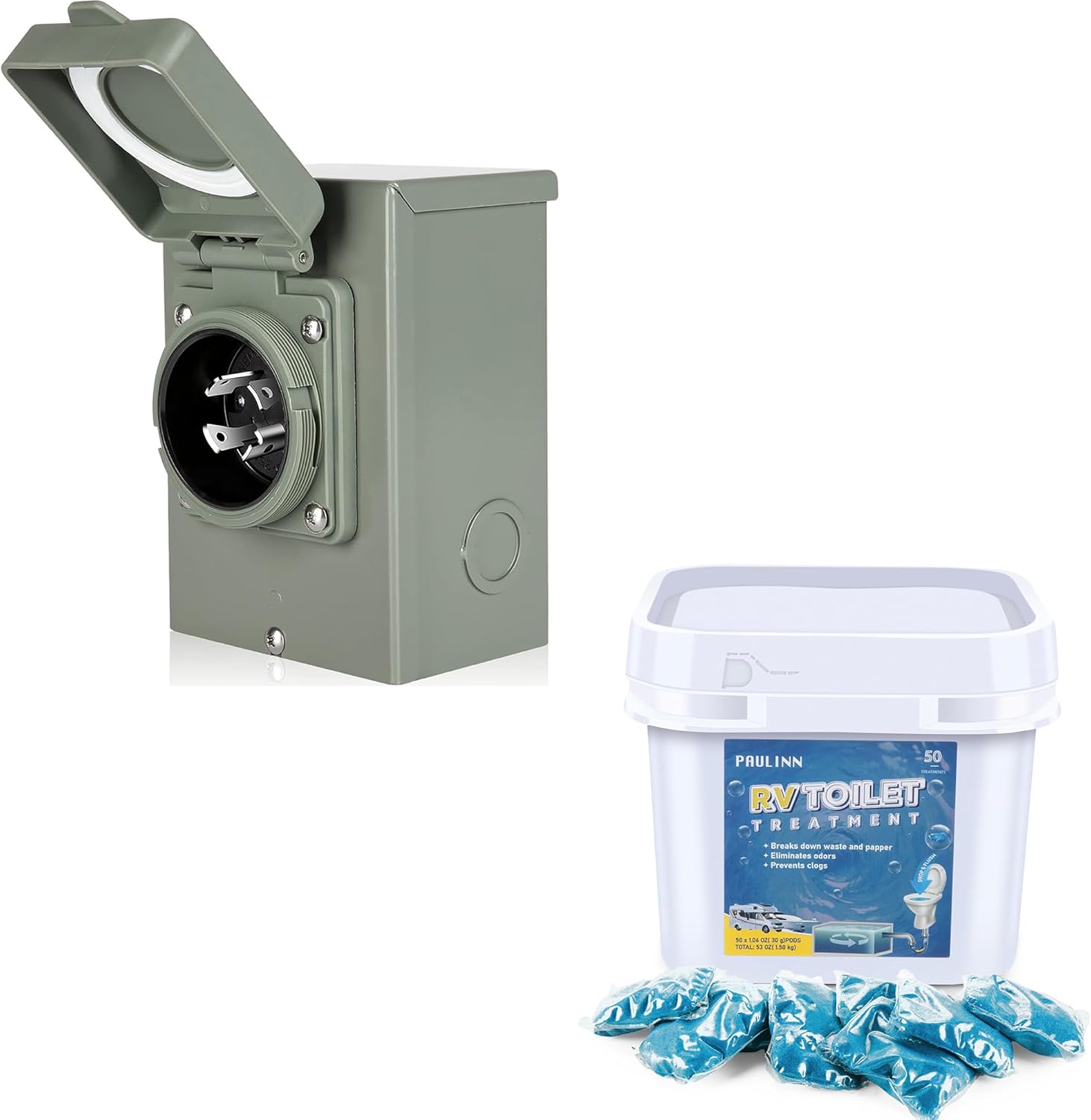 PAULINN 30A Generator Power Inlet Box with RV Toilet Treatment Drop Ins, Black Grey Water Holding Tank Deodorizer for RV Marine, 50 Packs