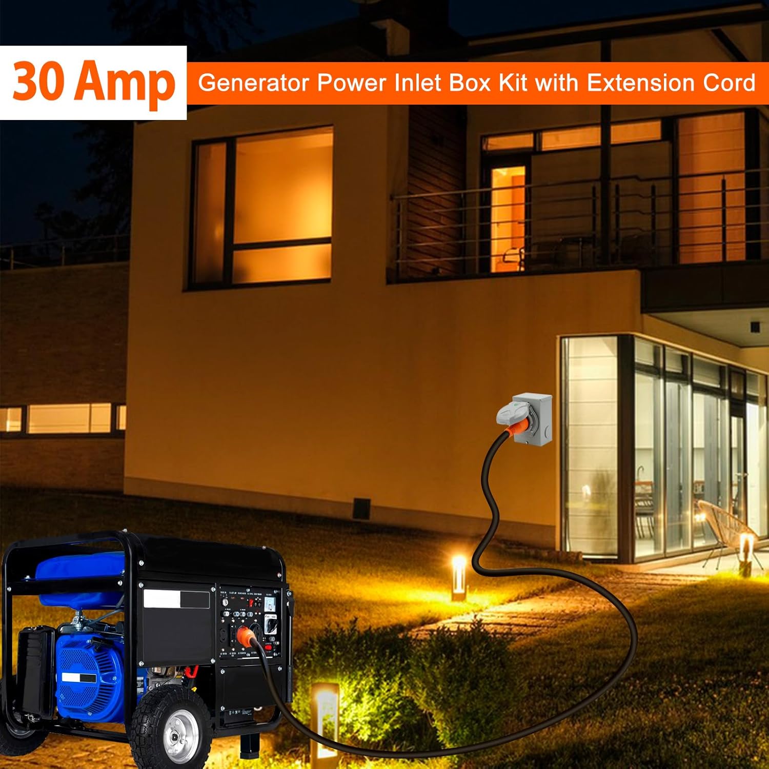 30 Feet 30 Amp Power Cord and Power Inlet Box Generator Hookup Kit, 7500W, 125V/250V Generator Extension Cable Twist Lock and Pre-Drilled Power Inlet Box for Outdoor, Home, Backup Power Use