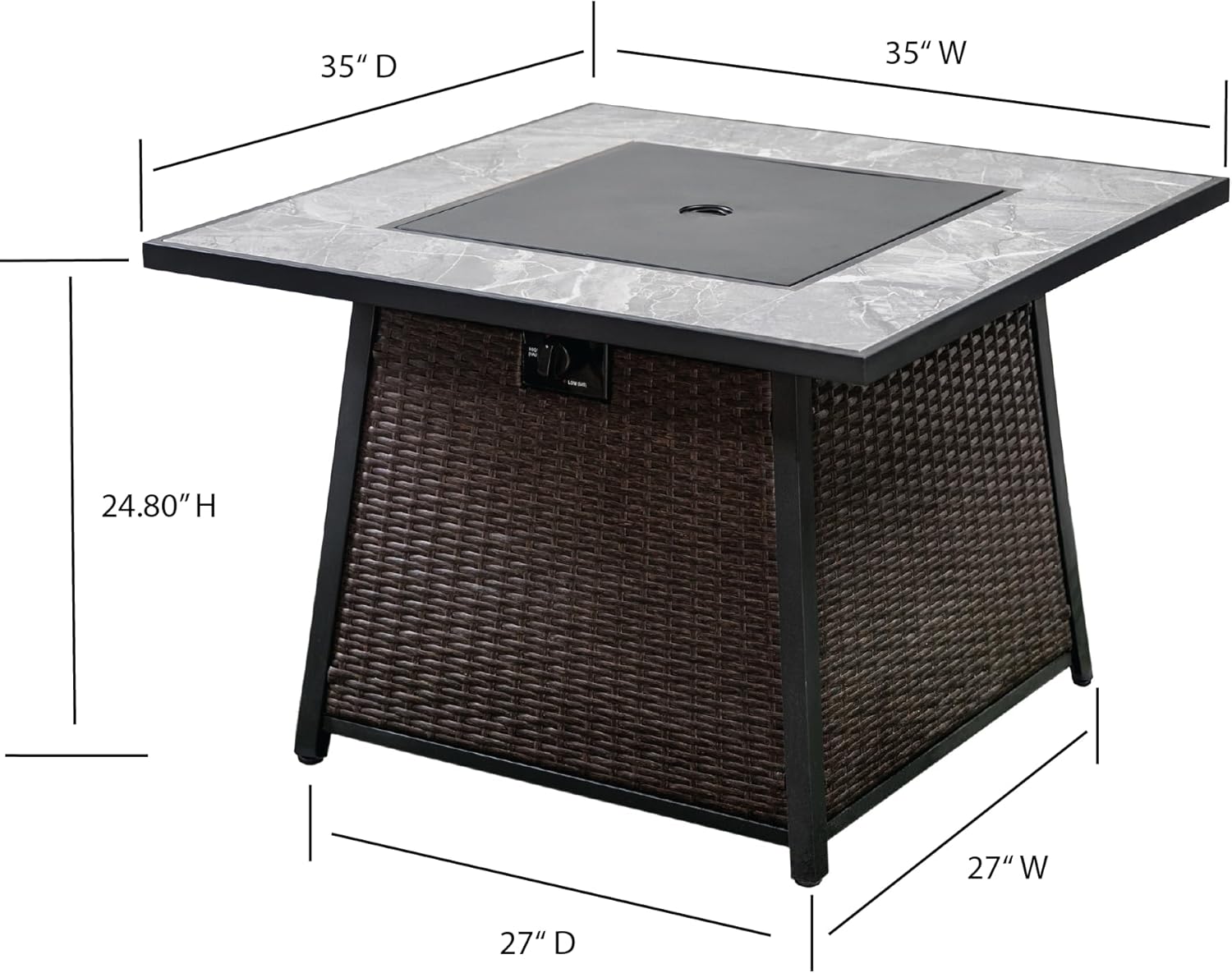 Propane Gas Outdoor Fire Pits Table with Tile Tabletop and Lava Rock, 35 Inch Square 50,000 BTU Auto-Ignition Wicker Base Fire Pit Table for Patio Garden Deck Backyard Poolside