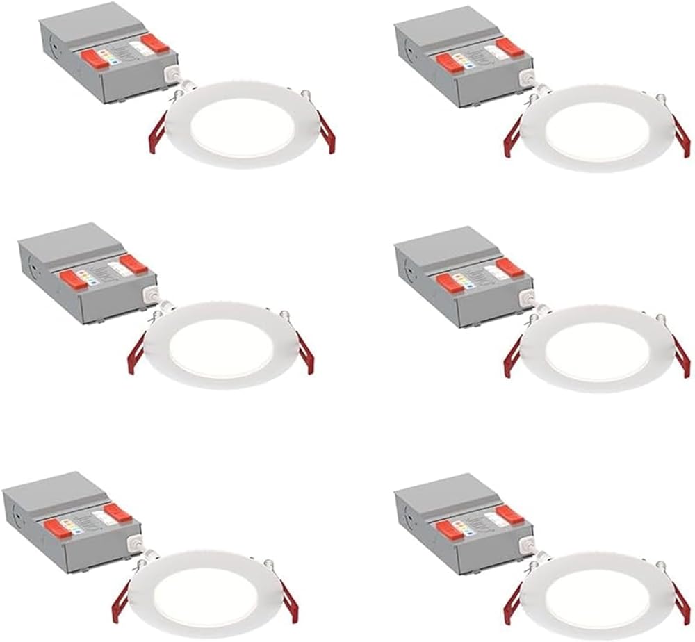 Juno LED Recessed Lights 4 Inch Round Baffle Wafer Downlight, 5-in-1 Switchable White Color Temperature, Adjustable Brightness, 120 Volts, 4-Inch Flat Trim, 6 Pack, Matte White