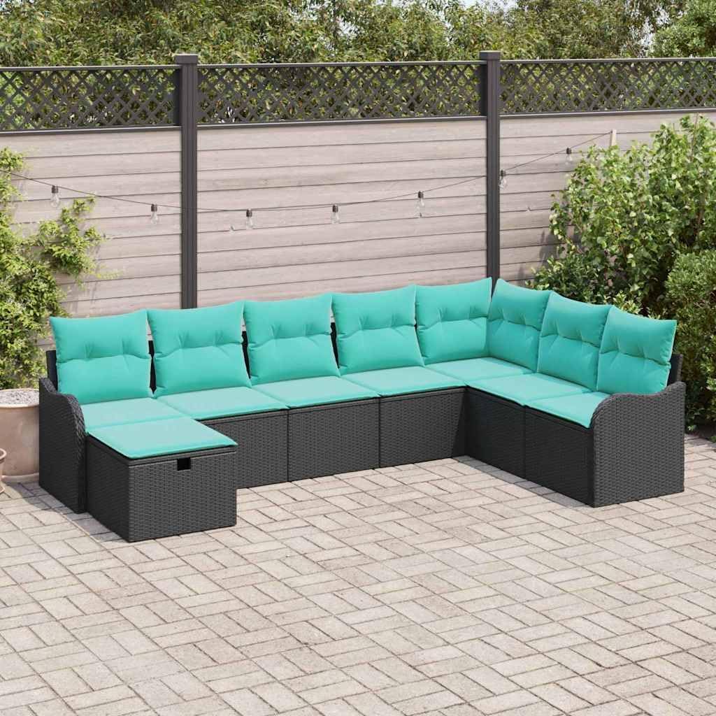 8 Pcs Black Poly Rattan Garden Sofa Set, Outdoor Patio Furniture with Cushions, Modular Seating for Balcony & Deck, Weather-Resistant Dining Table Set