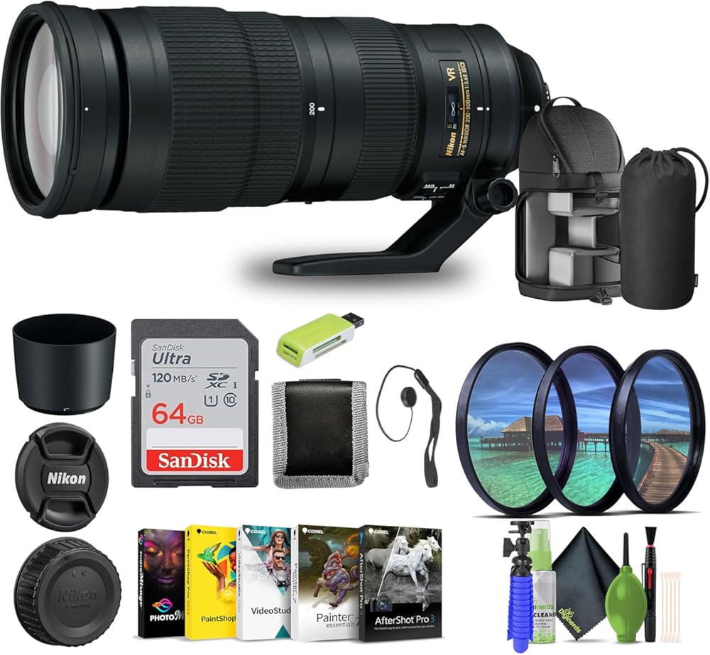 Nikon - AF-S NIKKOR 200-500mm f/5.6E ED VR Super Telephoto Zoom Lens (20058) + 64GB Memory Card + Backpack + Card Reader + Corel Photo Software + Filter Kit + Flex Tripod + Memory Wallet + More