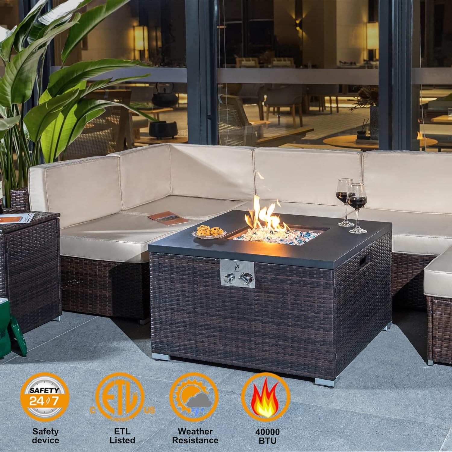 32'' Outdoor Low Profile Fire Table with Natural Gas Conversion Kit, 50,000 BTU Fire Table with Brown Wicker, Painted Steel Tabletop, Mix Color Glass Rocks, Including Lid and Cover, Square