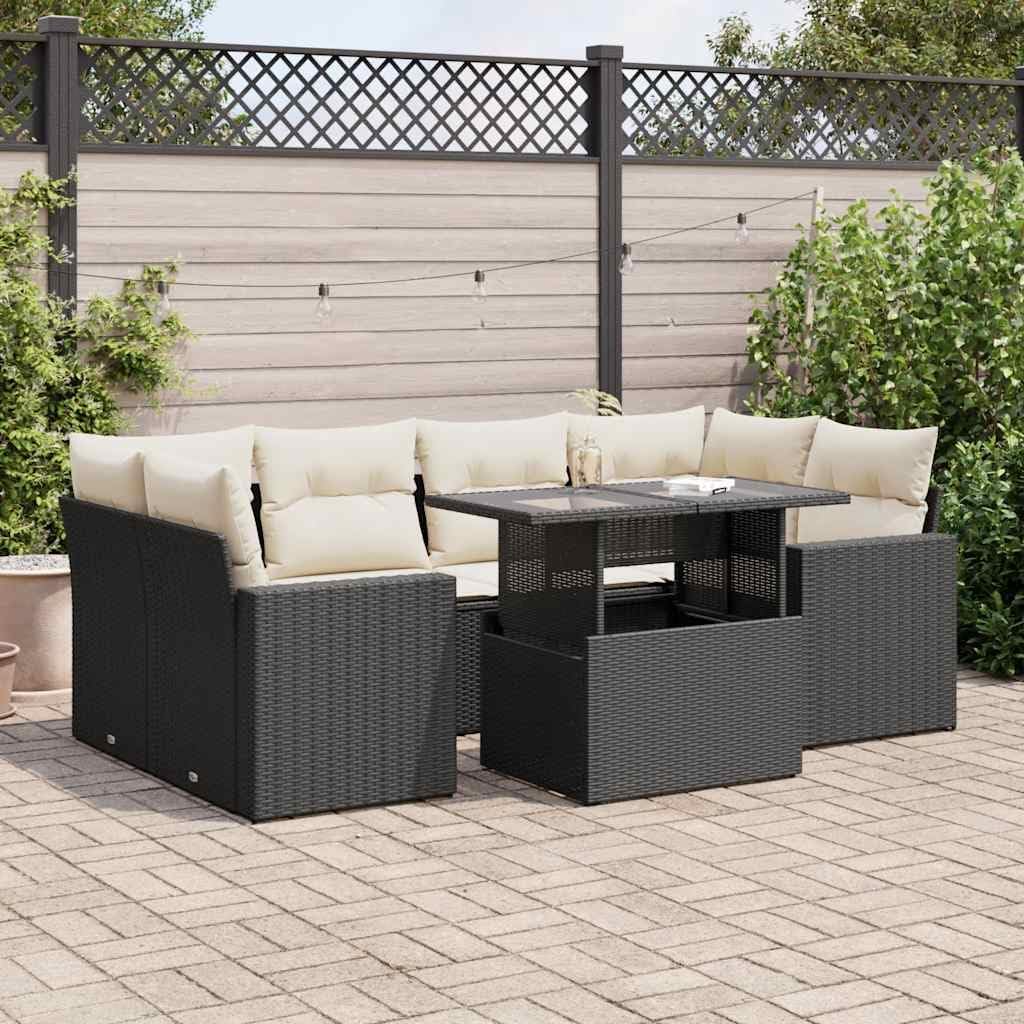 7-Piece Modular Garden Sofa Set in Black PE Rattan with Cream Cushions, Outdoor Furniture with Hidden Storage and Weather-Resistant Design for Patio, Balcony, or Garden