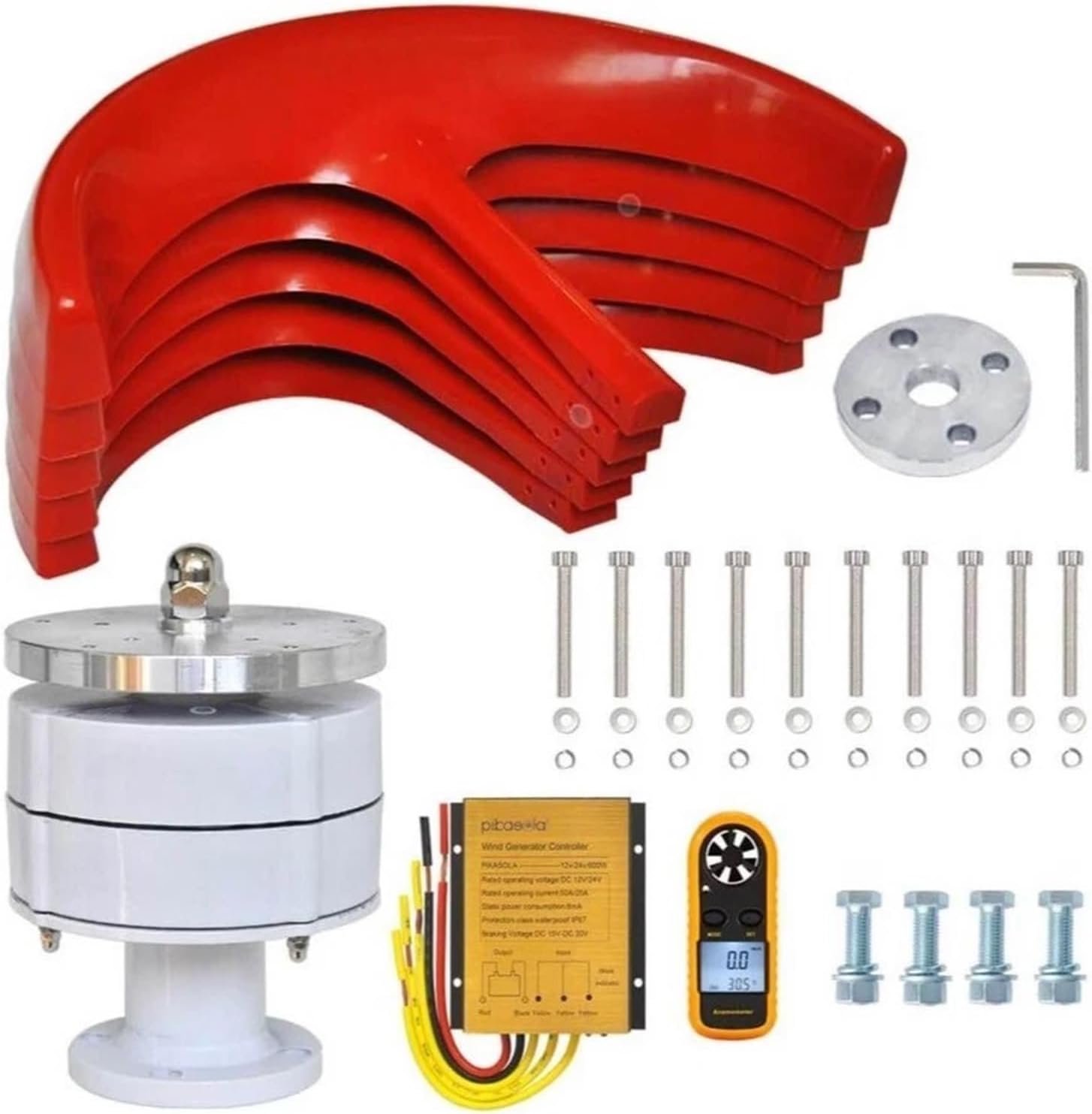 100W/200W/300W/400W 12V/24V Red Vertical Axis Wind Turbine Lantern Generator with Controller 5 Blades, Low Speed, Permanent Magnet Levitation Generator, Low Noise(400W,12V)