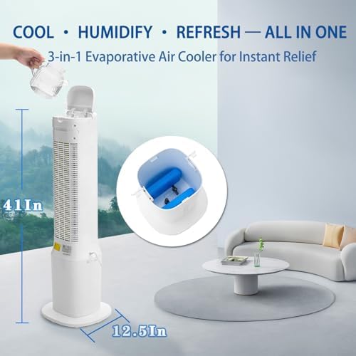 Swamp Cooler Air Conditioner Portable, 41in Tower Standing Fan 120° Oscillating Bladeless Evaporative Air Cooler with Removable Water Tank, 4 Ice Packs, 24h Timer, Auto-off for Bedroom Garage Outdoor