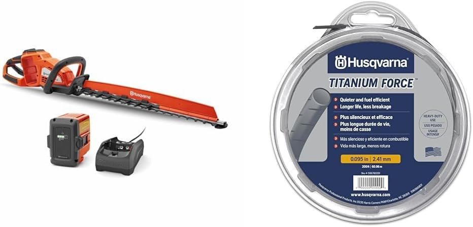 Husqvarna 24-Inch Hedge Trimmer Bundle with Brushless Motor, 15% Faster Cutting, 140ft Titanium Force Trimmer Line and Charger