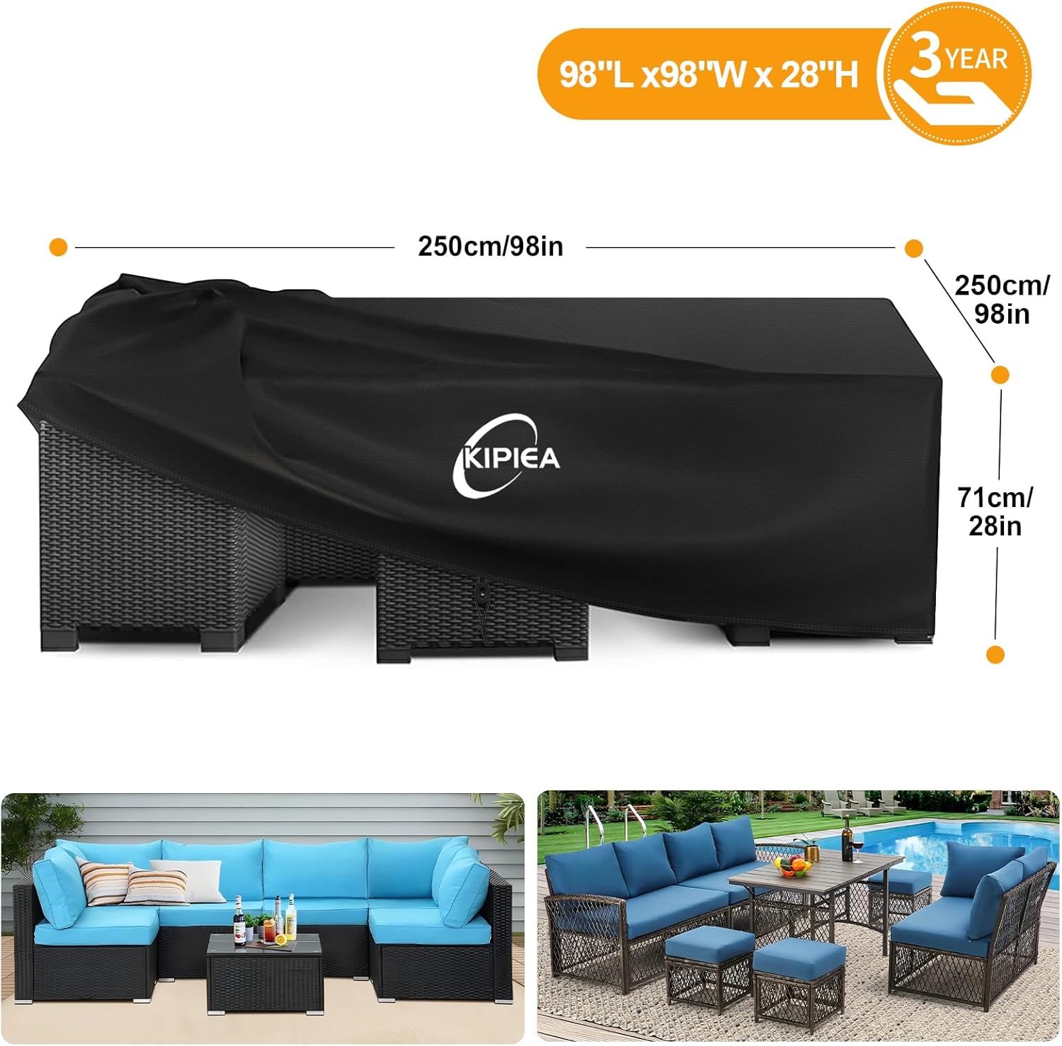 Kipiea 600D Patio Furniture Covers Waterproof Winter, Heavy-Duty Outdoor Furniture Covers for Table & Chairs with Windproof, Outdoor Sofa Cover, Anti UV, No Tears, No Fading (98