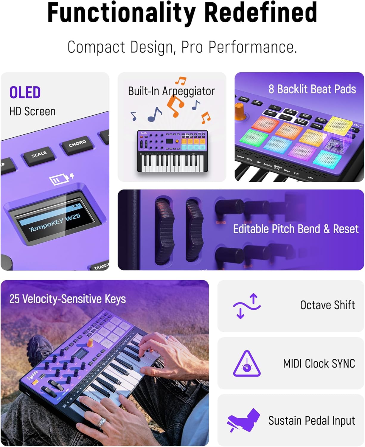Synido USB C MIDI Controller Keyboard 25 Keys Wireless MIDI Rechargeable with 8 Velocity RGB Pads and Portable Guitar Audio Interface