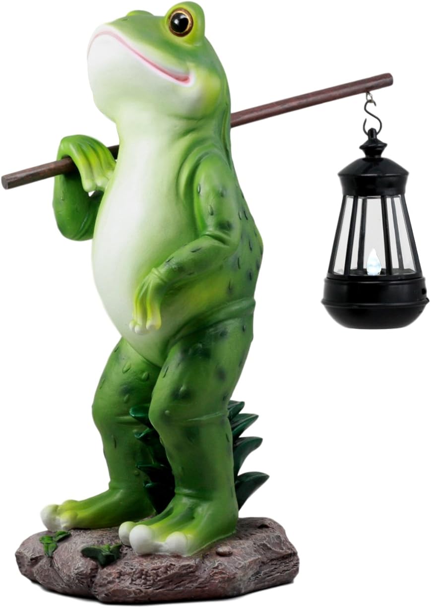 Ebros Blue Bayou Trails Hiking Frog Statue Holding Rod with Solar Powered Lantern LED Light Home Patio Decor Figurine