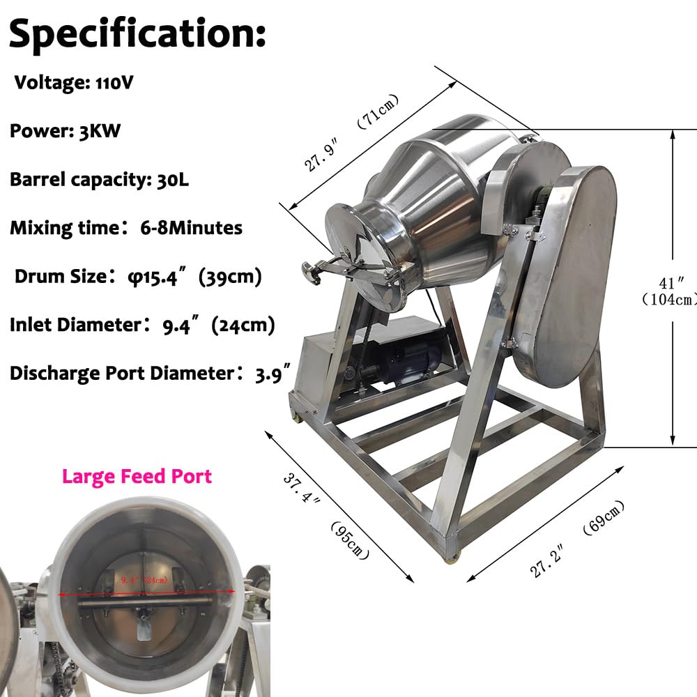 Stainless Steel Dry Powder Mixer Metal Powder Blender Granular and Food Drum Mixing Machine, 110V, 3KW, 30L