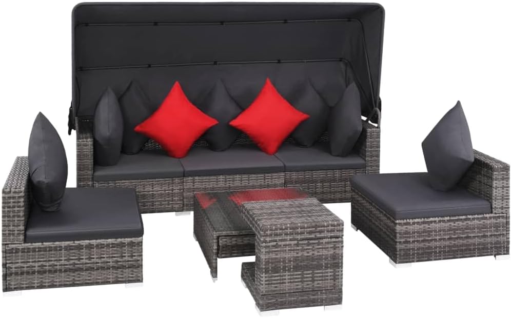 7 Piece Patio Lounge Set with Cushions Poly Rattan Gray Garden Furniture