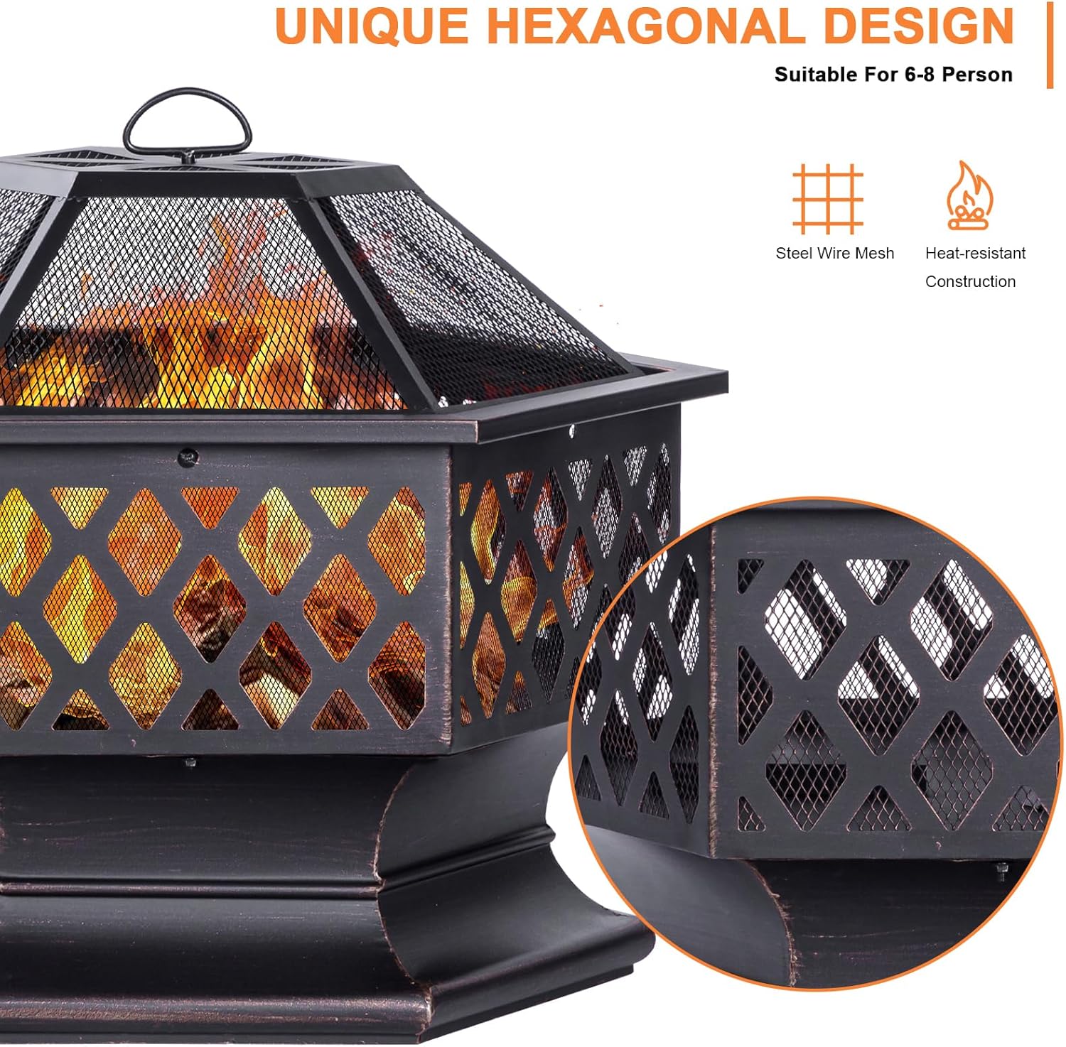 28Inch Outdoor Fire Pit, Hexagon Shaped Wood Burning Firepit for Outside Bonfire, Patio, Backyard and Camping (Antique Bronze)