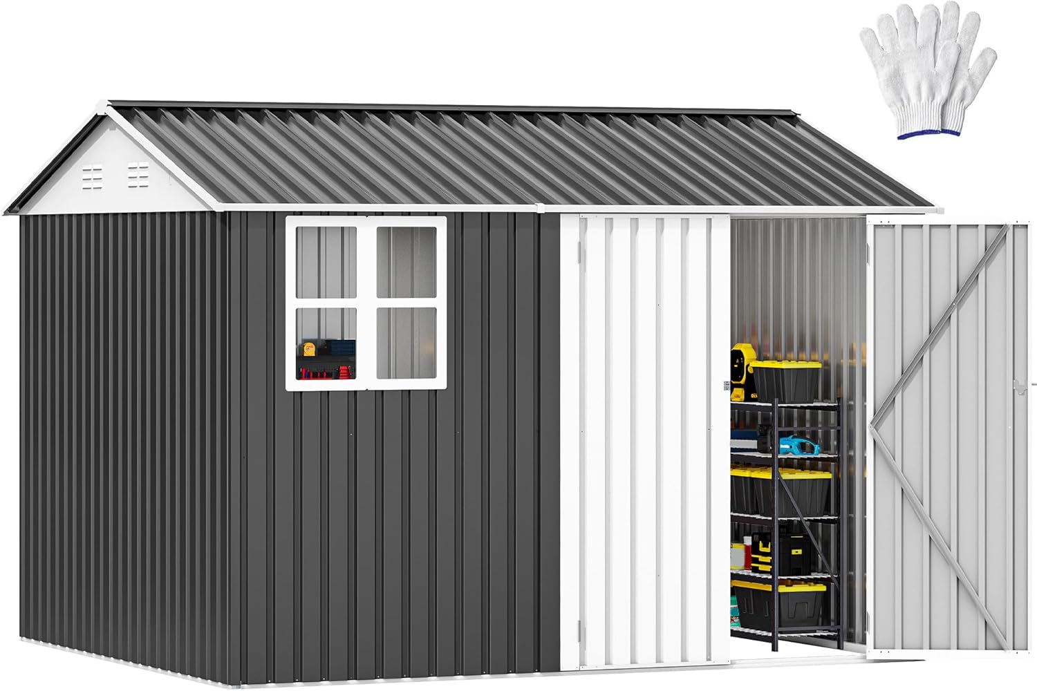 DWVO 10' x 8' Outdoor Storage Shed, Waterproof Metal Garden Shed with Windows, Lockable Doors, and Sloped Roof for Patio, Backyard, Lawn, Tool Storage, Bike Shed, Pet Shelter (Gray + White)