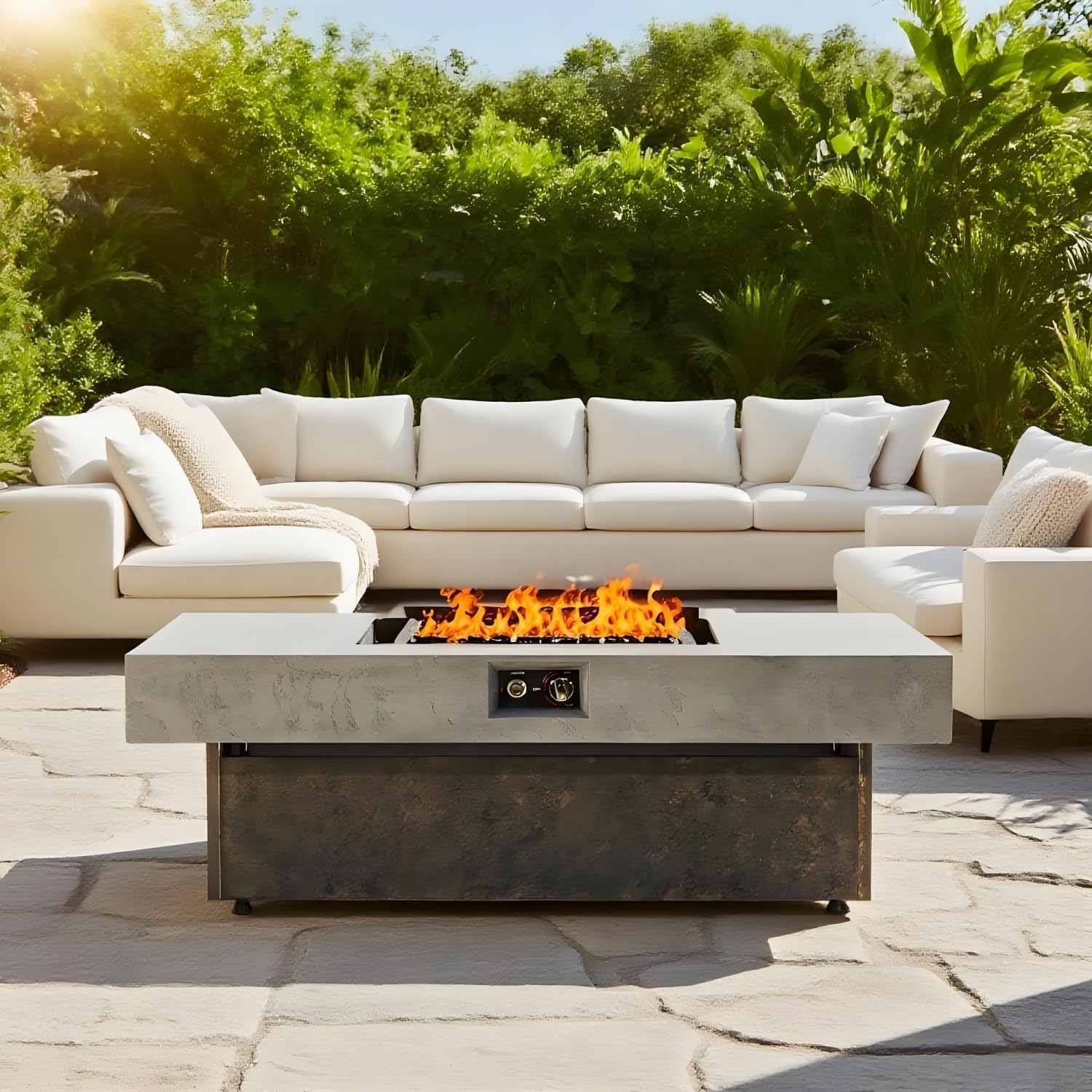 Tabletop Propane Fire Pit - 55 x 23 in, 50,000 BTU Outdoor Heating Table with 3 Height Options, Brown+Gray Iron Design