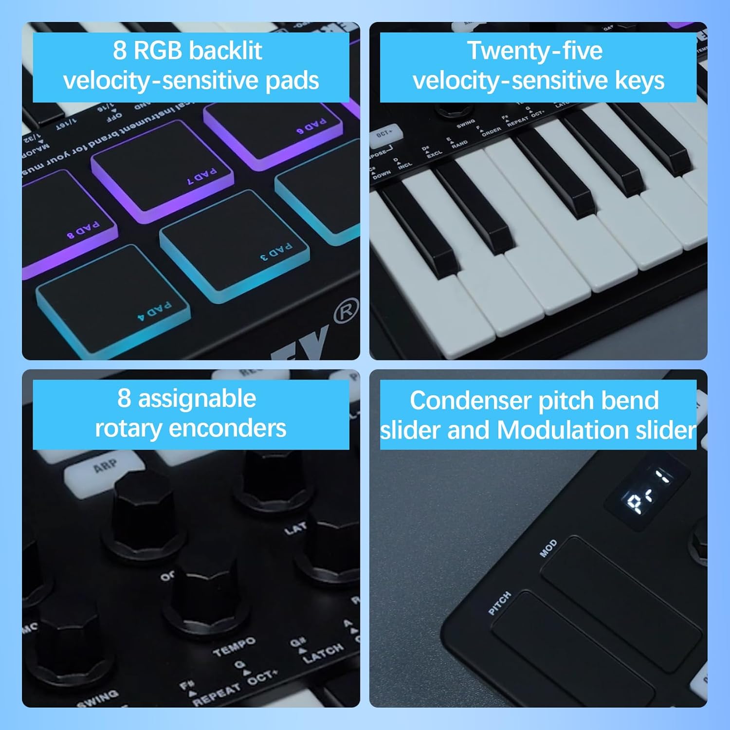 HOEREV MIDI Keyboard Controller With 8 Backlit Drum Pads, Wireless Semi Weighted Professional dynamic Keybed 8 Knobs 25 Keys USB With Lithium Battery,Black