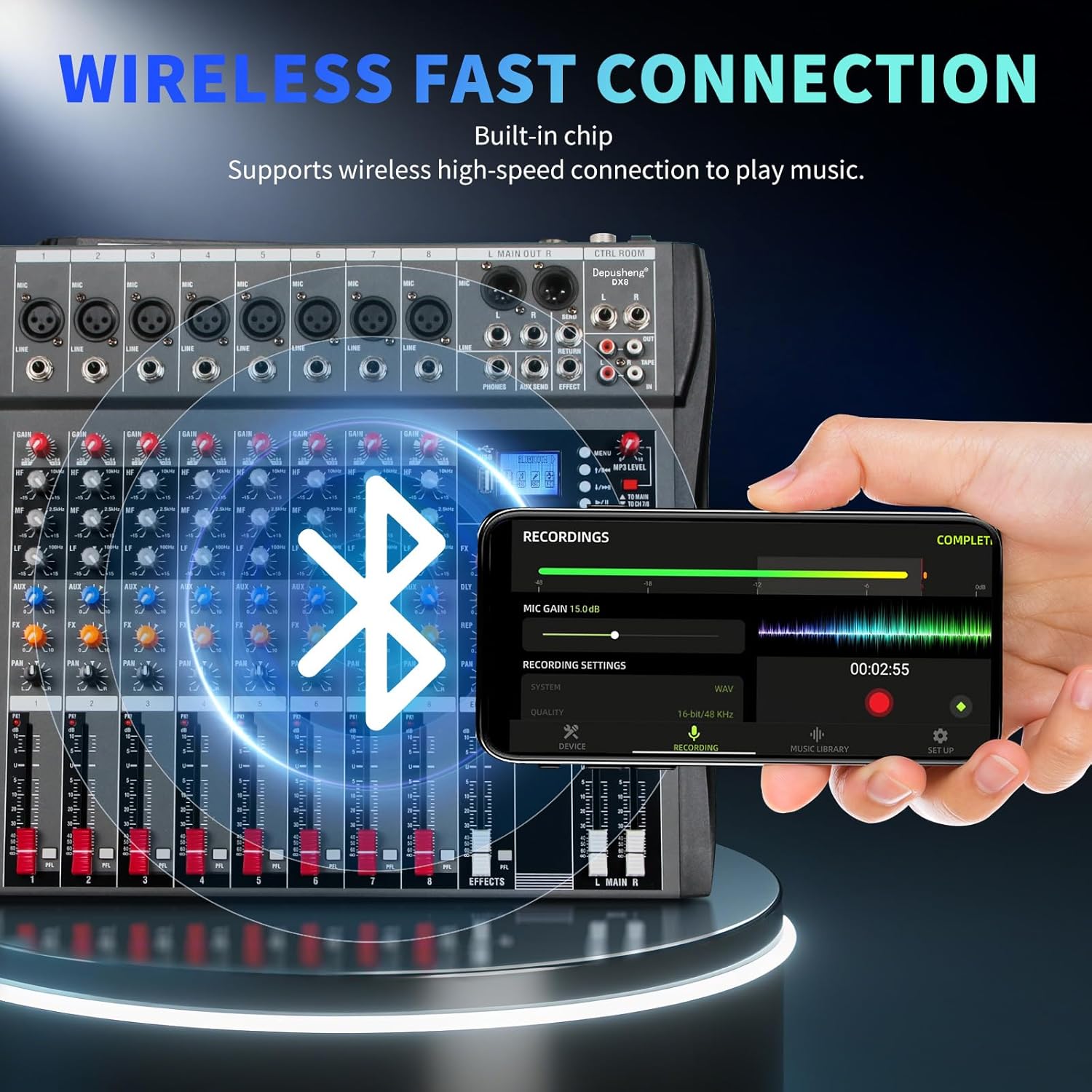 Depusheng Audio Mixer Professional 8 channel,DX8 Sound Board DJ Mixing Console System Interface USB MP3 Input Bluetooth 48V Phantom Power,Black, USB Audio Mixer for PC,for Studio Karaoke Live Music