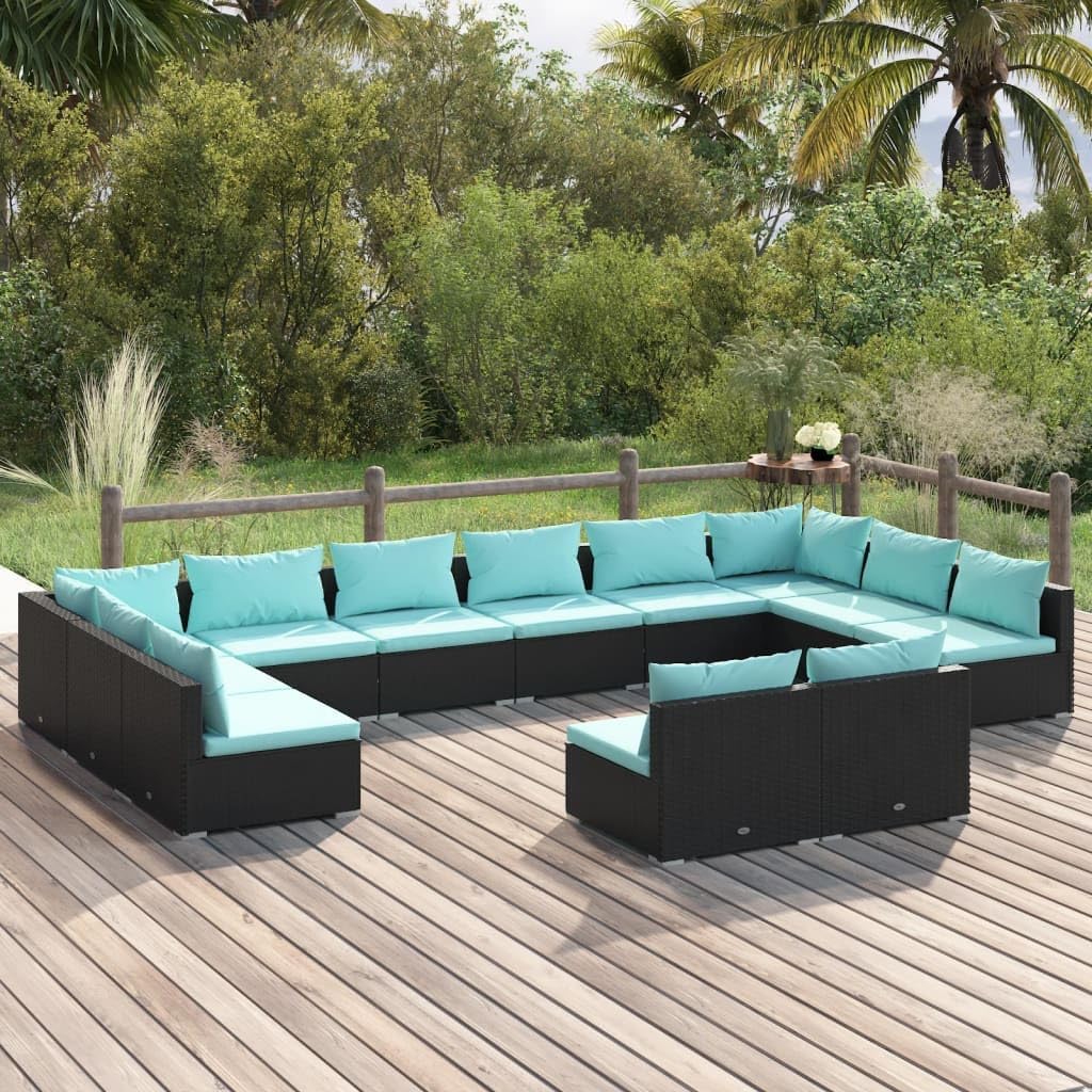 12 Piece Patio Lounge Set with Cushions Black Poly Rattan,Versatile Modular Patio Lounge Set: Comfort and Durability for Your Outdoor Oasis Outdoor Furniture Sets, Patio Furniture