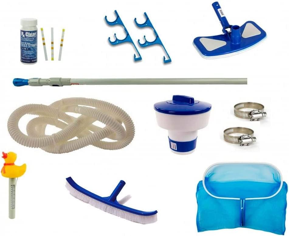 Splash Pools Supreme Maintenance Kit for Above Ground Swimming Pools | 10-Foot Telescoping Pool Pole | 33' Pool Hose | Vacuum Head | Chlorine Dispenser | Pool Wall Brush