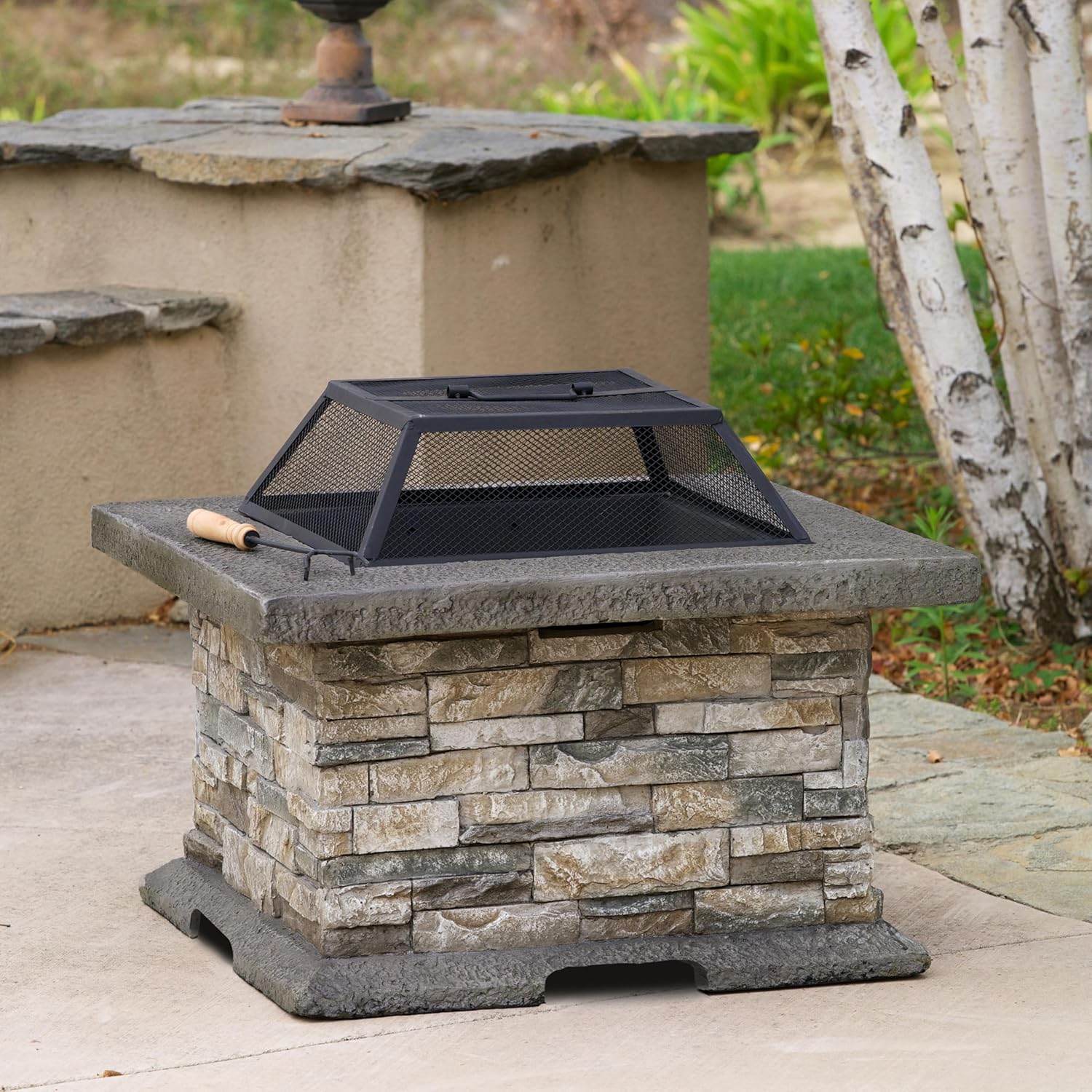 28-inch Square Outdoor Fire Pit, Stone Gray MGO Fire Pit Table with Mesh Cover & Poker Tool, No Assembly Required Patio Heater for Garden Deck 54537.00