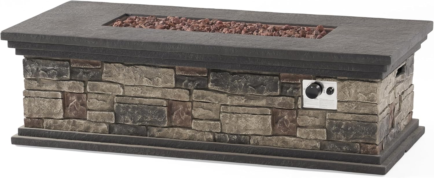 Propane Fire Pit Table, Rectangle 50,000 BTU Outdoor Fire Pit, 56 Inch Portable Gas Fire Pits for Patio Backyard Garden, Faux Stone Magnesium Oxide Design, Not Included Propane & Cover - Stone Gray
