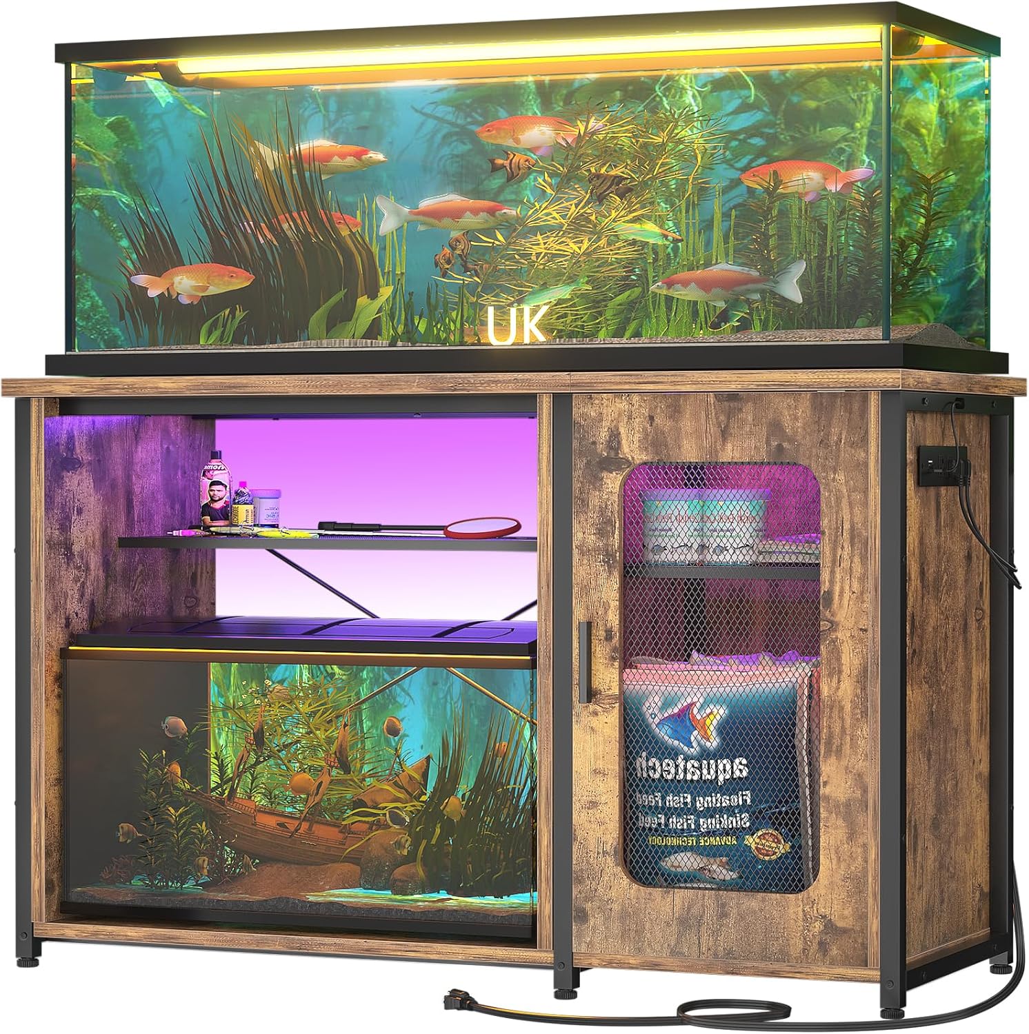 Unikito 55-75 Gallon Aquarium Stand with Power Outlets & LED Light, Reversible Fish Tank Stand with Cabinet for Fish Tank Accessories Storage, Heavy Duty Metal Frame, 880LBS Capacity, Rustic Brown