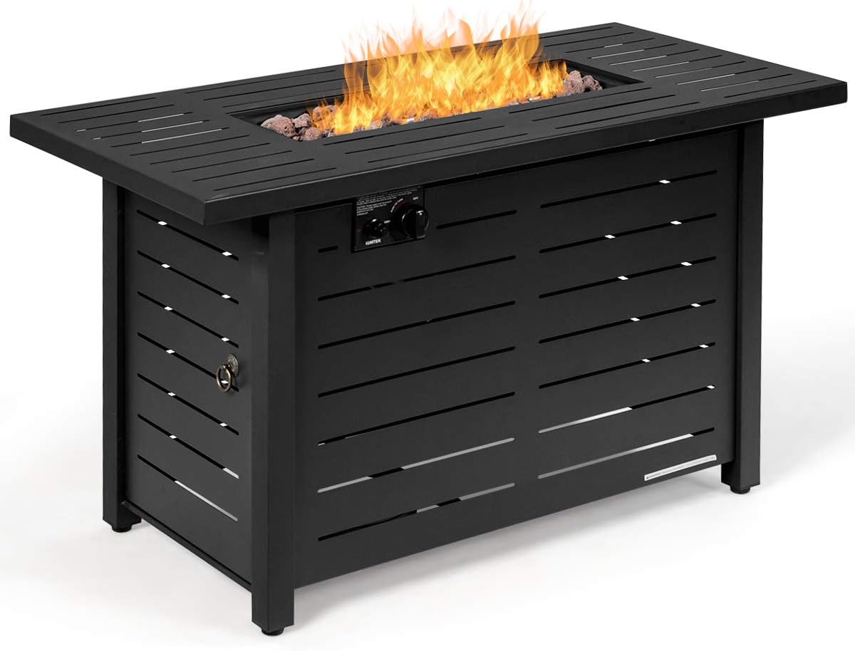 42 Inches Fire Table Outdoor, 60,000 BTU Propane Gas Fire Pit Table with Metal Tabletop, Lid, Lava Rock, Electric Igniter & Hideaway Tank Holder, Propane Fire Pit for Patio, Party(Black)