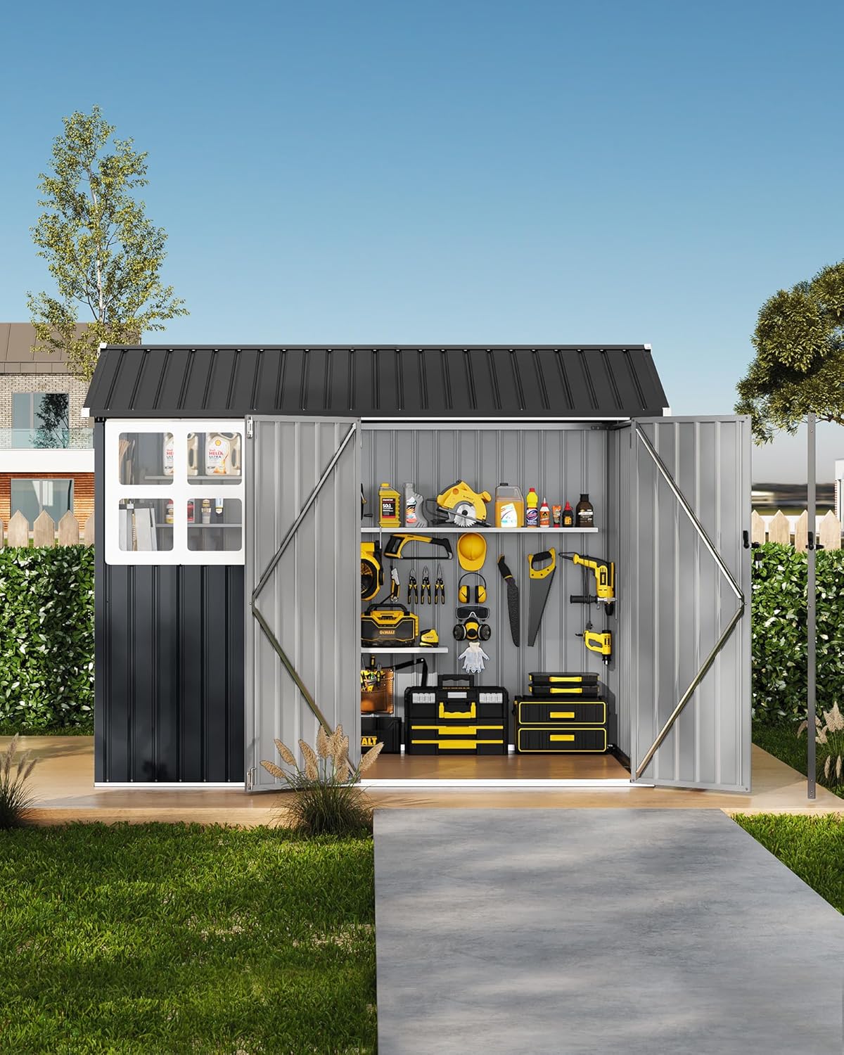 6' x 8' Outdoor Storage Shed, Sturdy Metal Building w/Windows & Lockable Doors for Garden, Backyard, Poolside and Lawn, Dark Grey