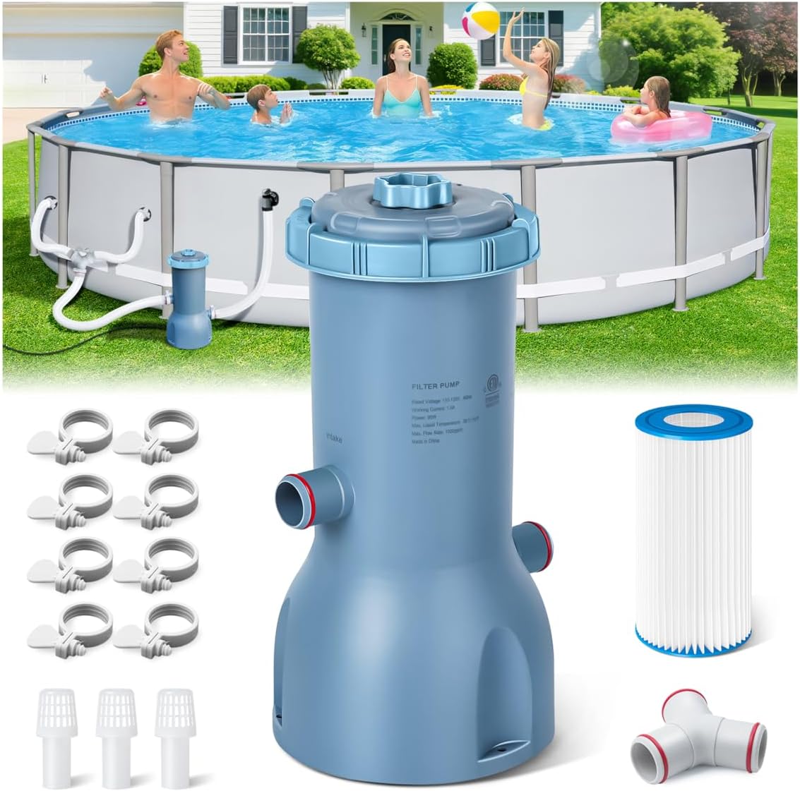 1000 GPH Pool Filter Pump for Above Ground Pools, Type A/C Cartridge Filter Pump System | Safety ETL Listed Above Ground Pool Pumps with GFCI, Improved Water Circulation and Filtration