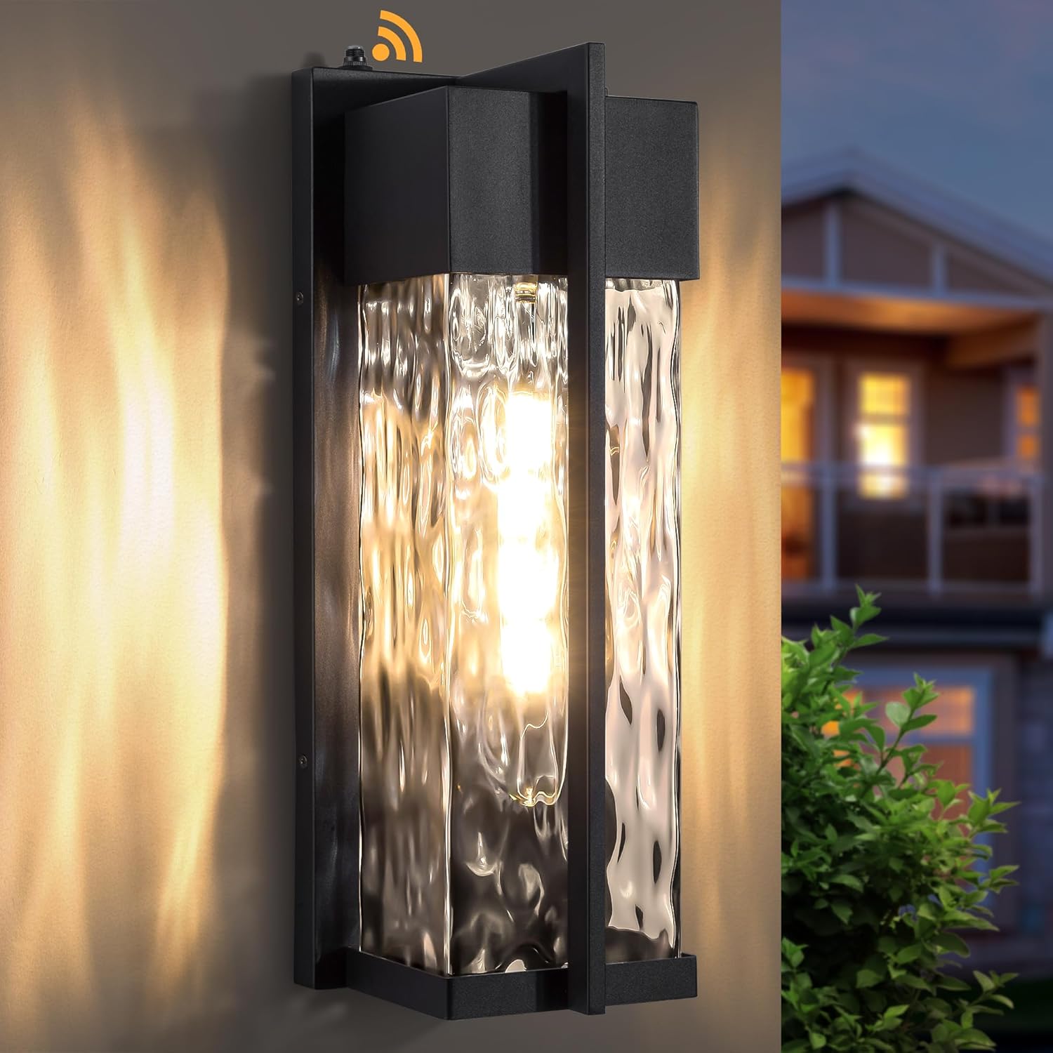 18IN Modern Exterior Lighting Fixtures(T300 Bulb Included), Dusk to Dawn Outdoor Lighting Waterproof Rippled Glass Wall Sconces, Open Bottom Outside Lights for House, Porch, Garage
