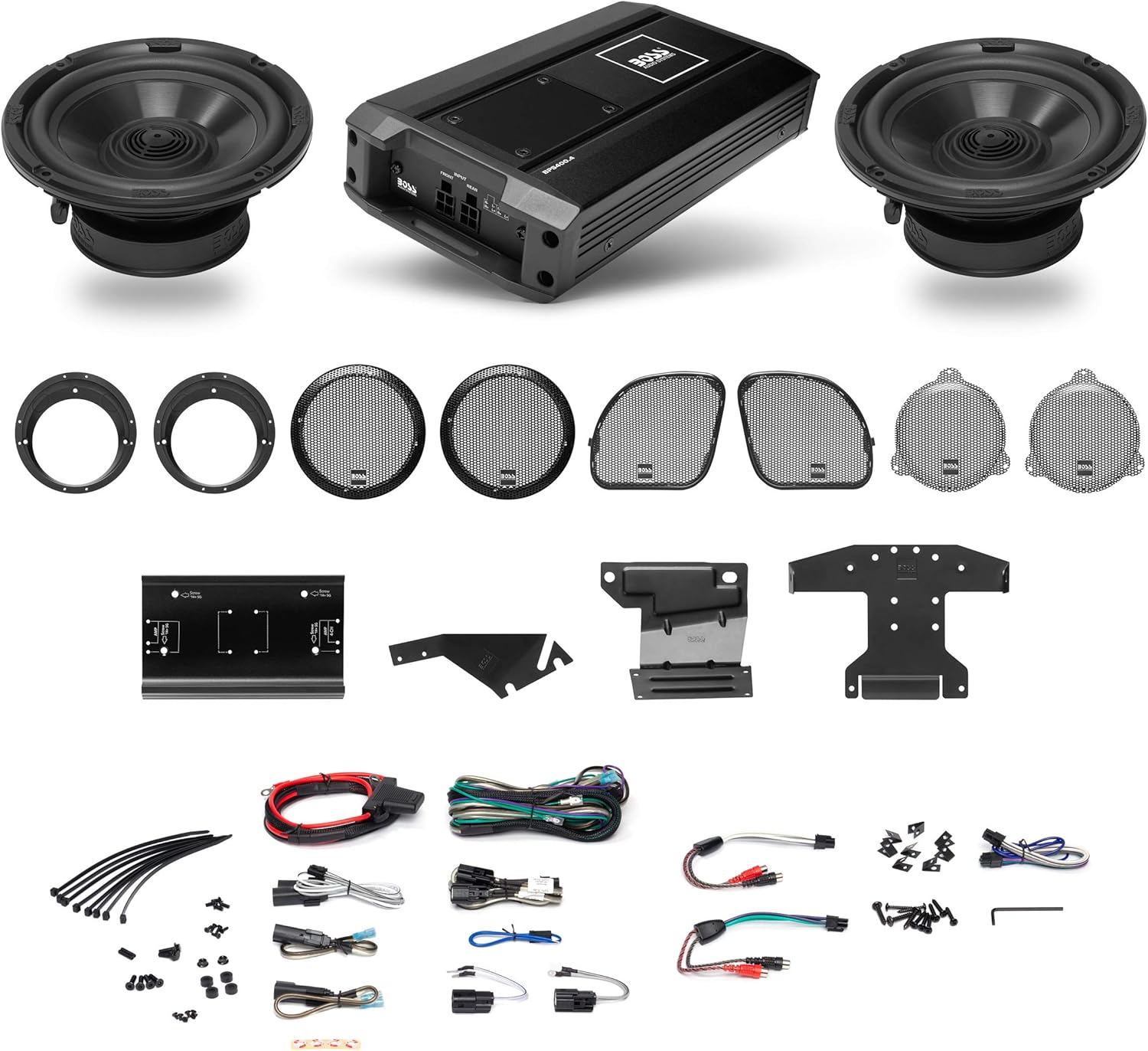 BOSS Audio Systems BHD3F Harley Davidson Bike Front Speakers Kit System – Fits Select 1998+ Electra, Road Glide and Street Glide Motorcycles, 4 Channel Amplifier, 6.5 Inch Full Range 300-Watt Speakers