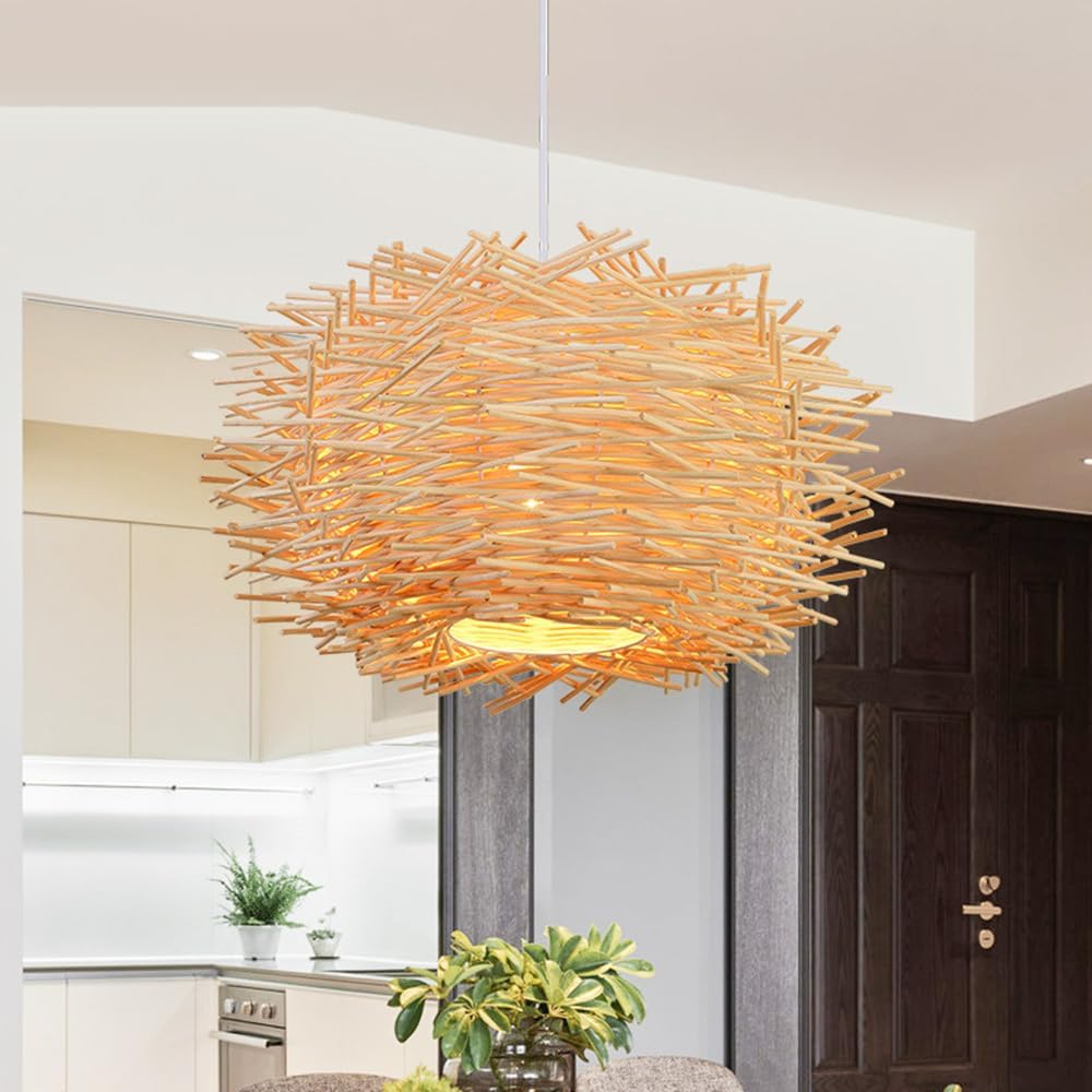 Handwoven Bamboo Pendant Light - Bird's Nest Design Rattan Chandelier for Living Room, Dining Room, Kitchen, and Bedroom - Southeast Asian & Nordic Style Lighting Fixture(Natural,30 * 18cm)