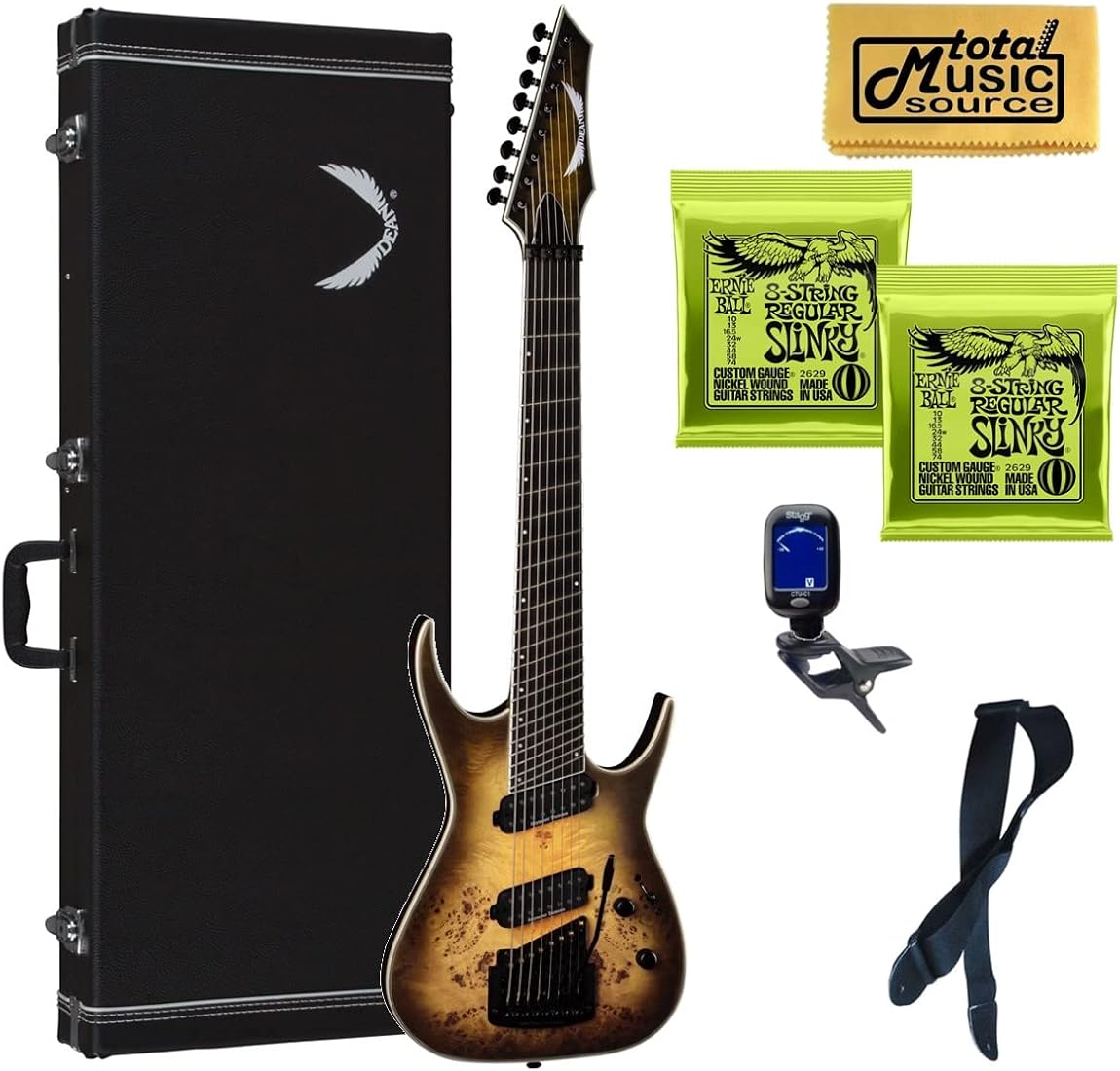 Dean 8 String Exile Select Multiscale Kahler Guitar, Ebony, Satin Black Burst, Bundle