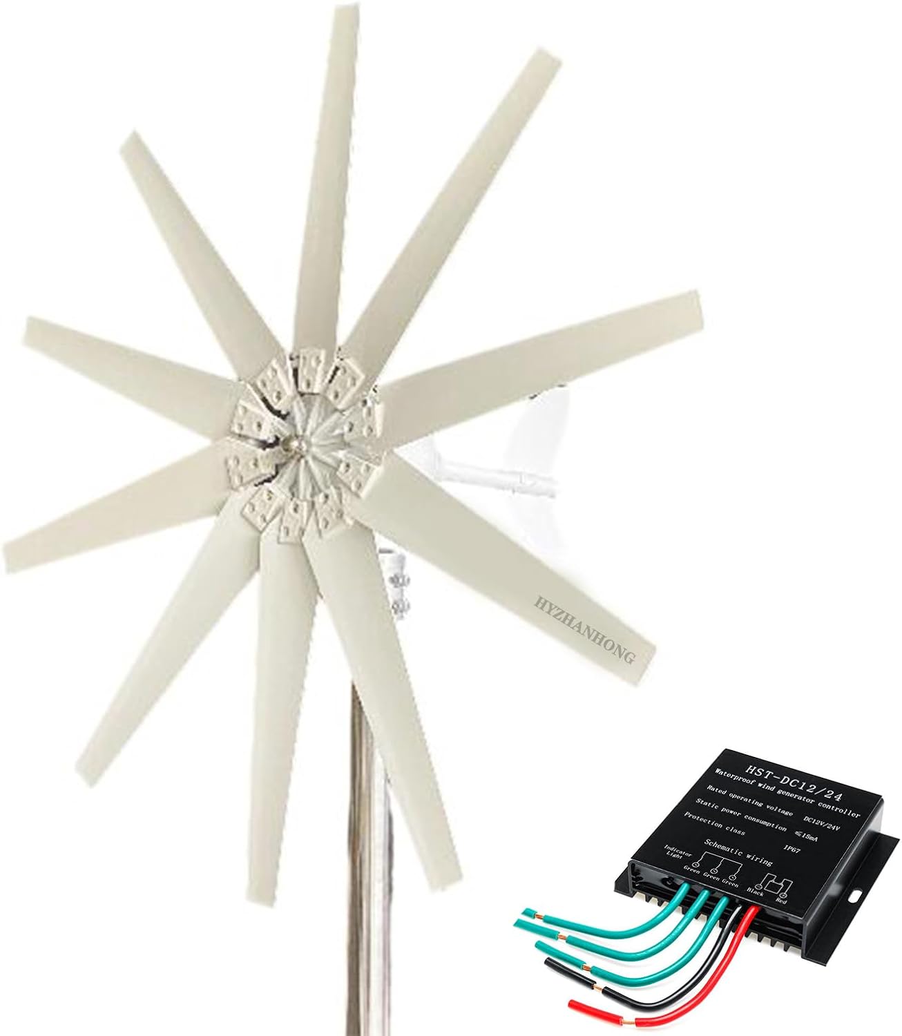 16000W Vertical Wind Turbine Wind Generator, 12V-220V Home Use Wind Turbines White 10 Blade with MPPT Charge Controller