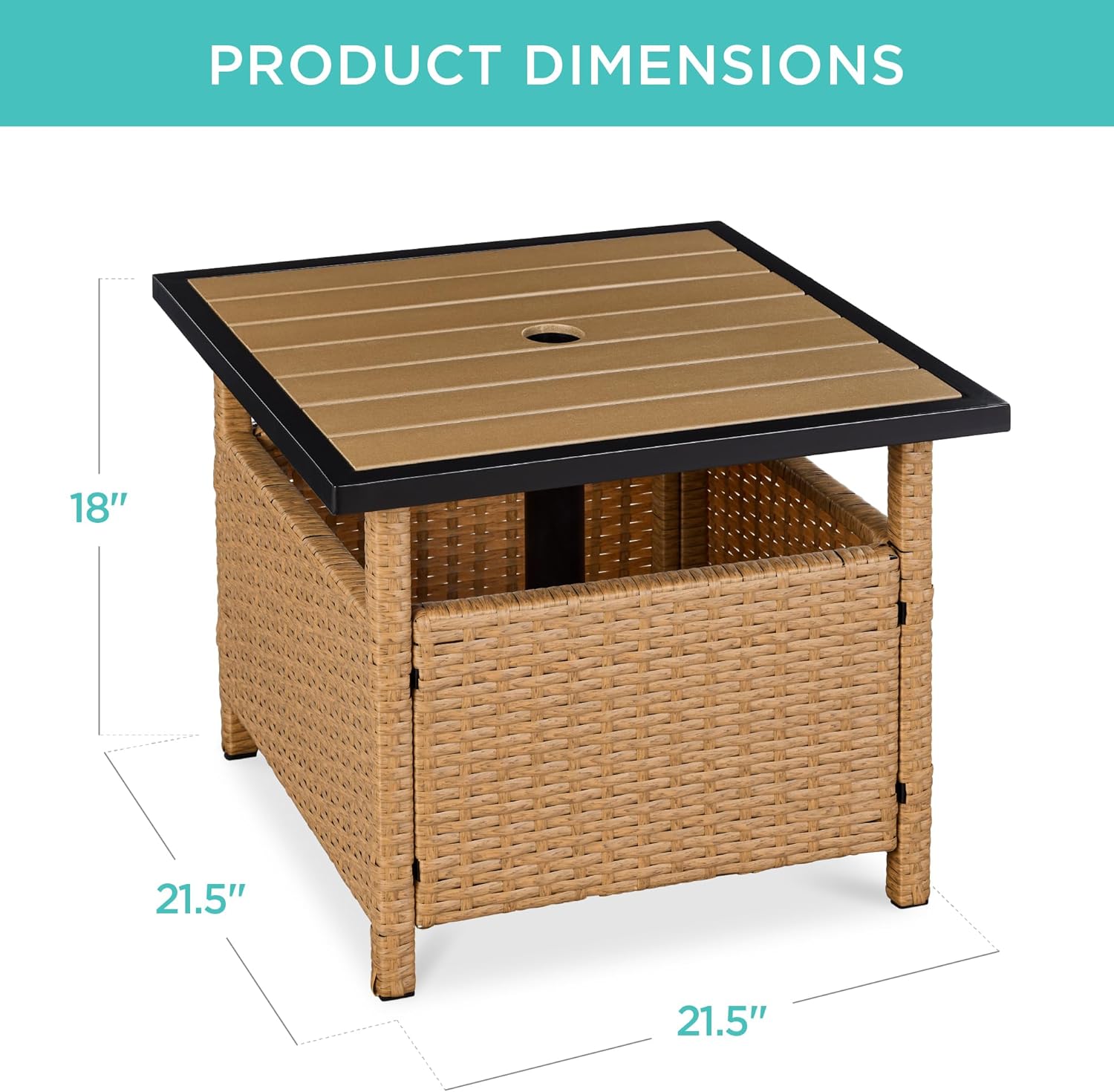 Best Choice Products Wicker Side Table with Umbrella Hole, Square PE Rattan Outdoor End Table for Patio, Garden, Poolside, Deck w/UV-Resistant Frame, Storage Space - Natural
