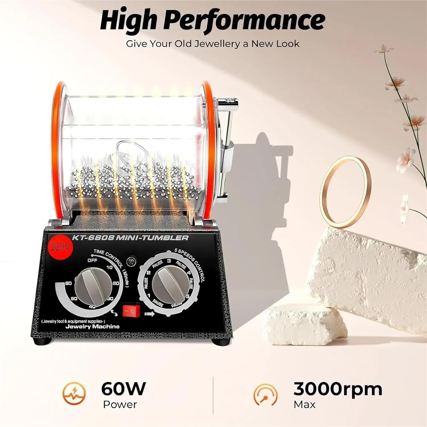 Jewelry Polishing, Polishing Drum Ball Mill, Rotary Jewelry Tumbler Polisher 60 W, Polishing Machine for Jewellery,5 Speed Control with 500-3000RPM