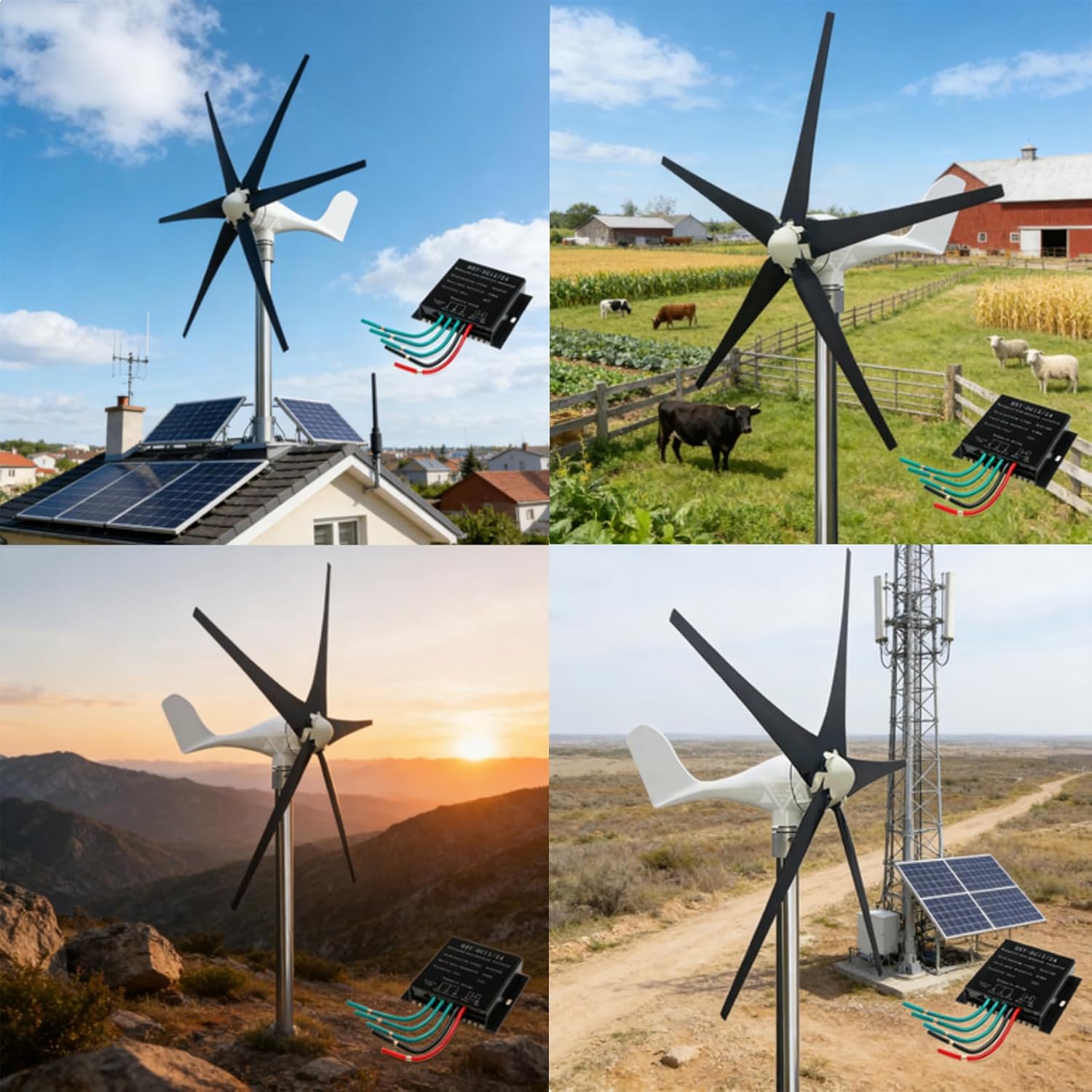 220v, 1500W Horizontal Home Wind Turbine Free Energy 12V 24V 48V 220V 5 Blades Wind Generator with MPPT Hybrid Controller for Marine Home Charging (Black 24V)