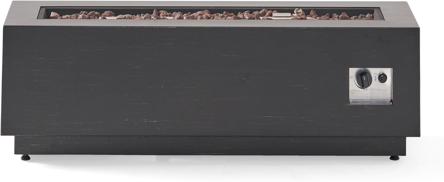 Benjara Outdoor Fire Pit, Dark Brown, Gold Iron Frame Rectangular 48 Inch