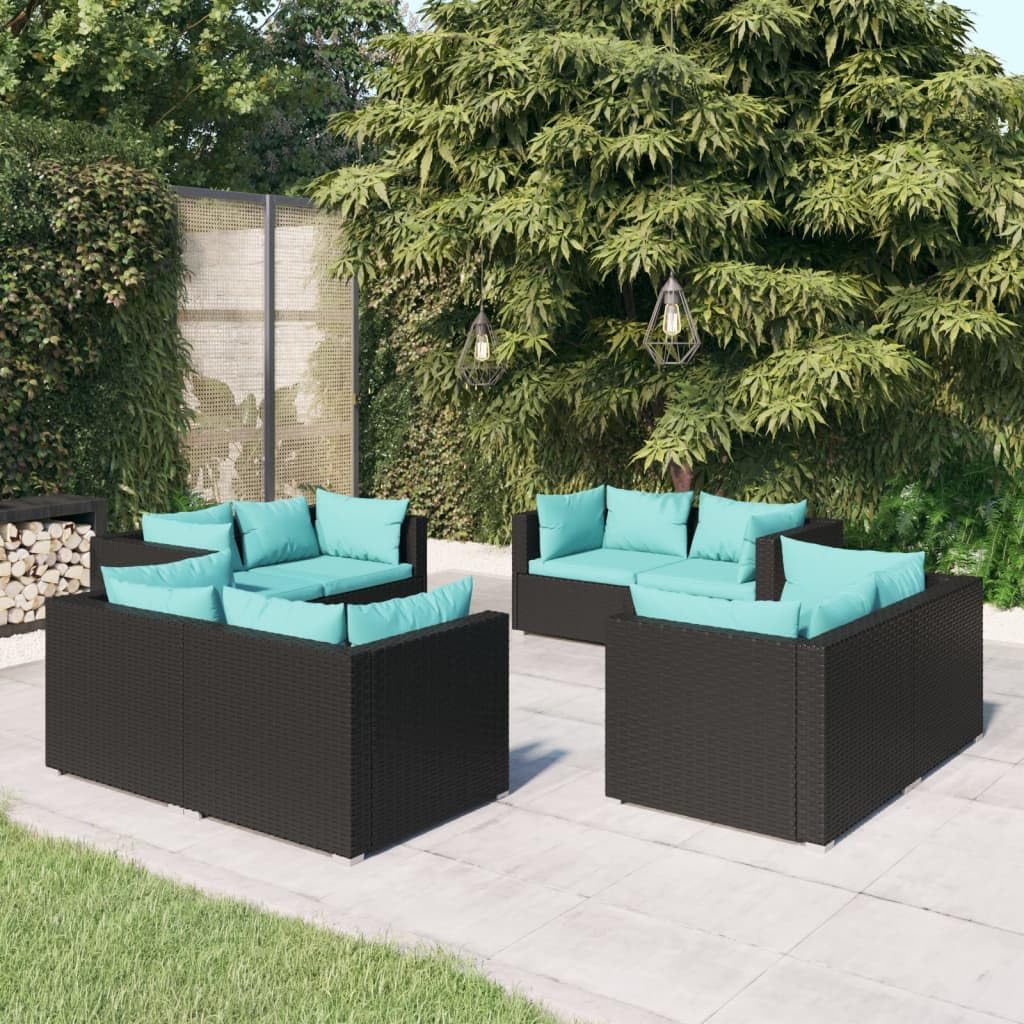 8 Piece Patio Lounge Set with Cushions Poly Rattan Black Garden Furniture