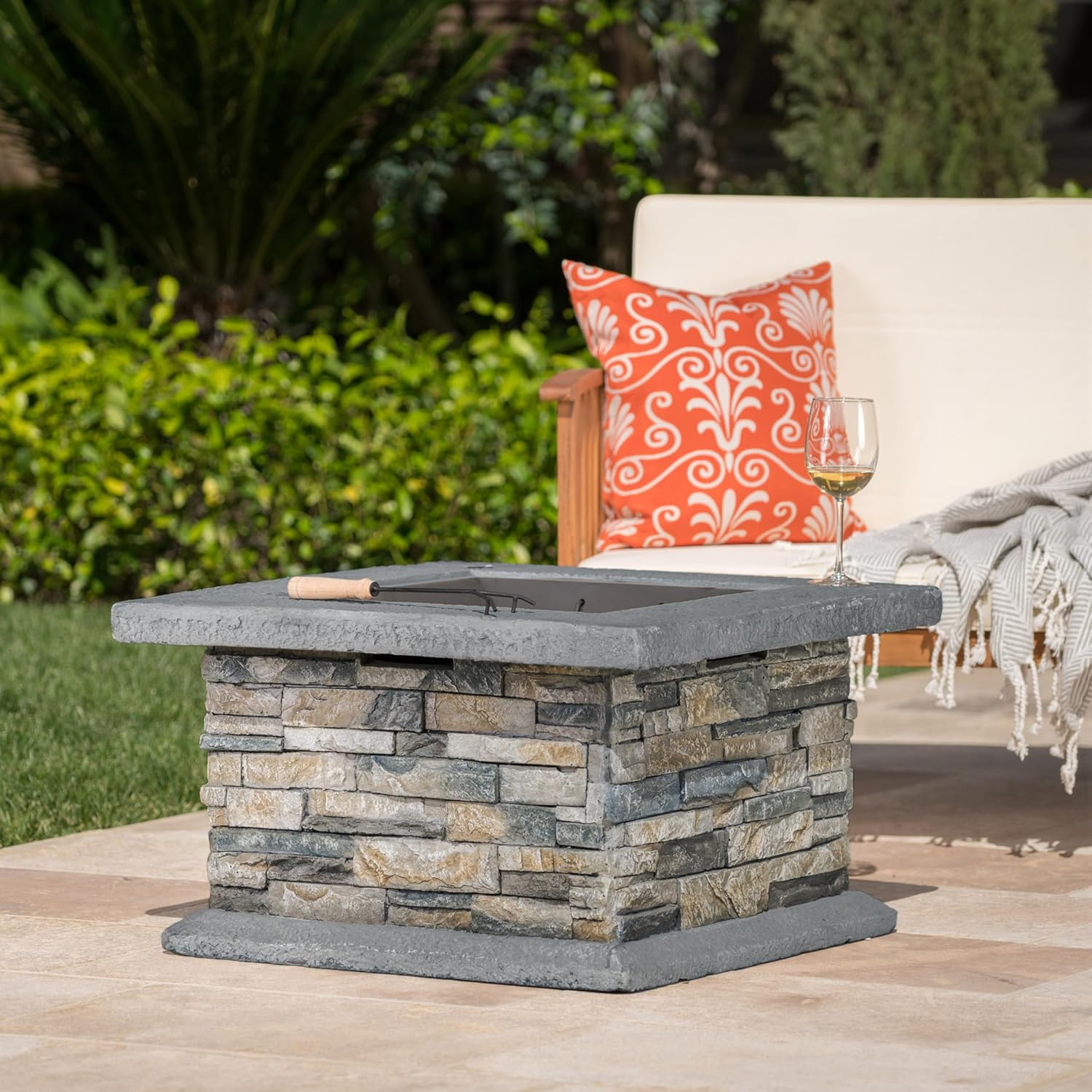 28 Inches Square Fire Pit in Stone Gray – Outdoor Wood Burning Fire Pit with Design, Durable Steel Construction, Patio, Backyard, and Camping (1 Doors)