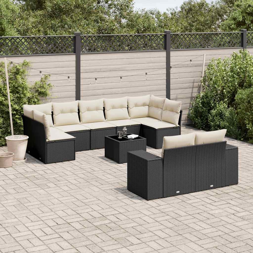 10-Piece Garden Sofa Set Black, Cream White, Modular Poly Rattan Outdoor Furniture for Patio, Terrace, Balcony, Spacious Seating for 8 Adults