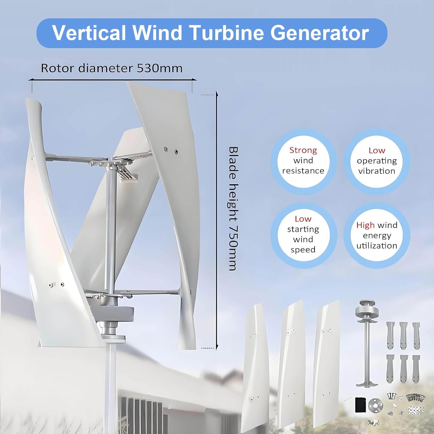 300W Wind Turbine Vertical Permanent Maglev Generator, 12V 24V Double Bearing Design Wind Power Turbine Generator Kit with Controller for Home and Industrial Energy Supply, White 24V~300W