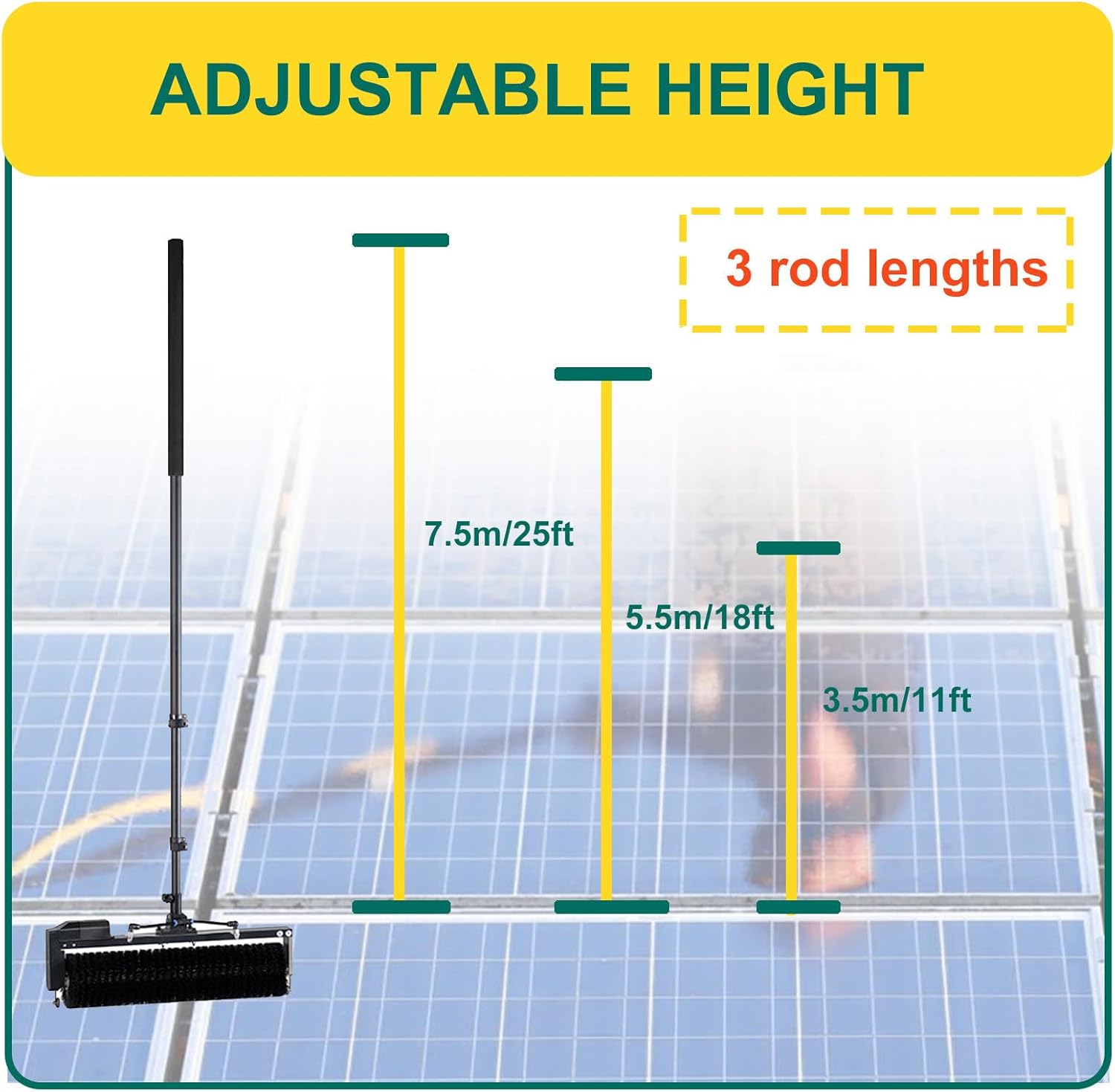 Solar Panel Cleaning Tool,Water Fed Rod Kit,Telescopic Buckle Design, with Hose & Drum Brush Head, for High-Altitude Cleaning Operations,3.5m/11ft