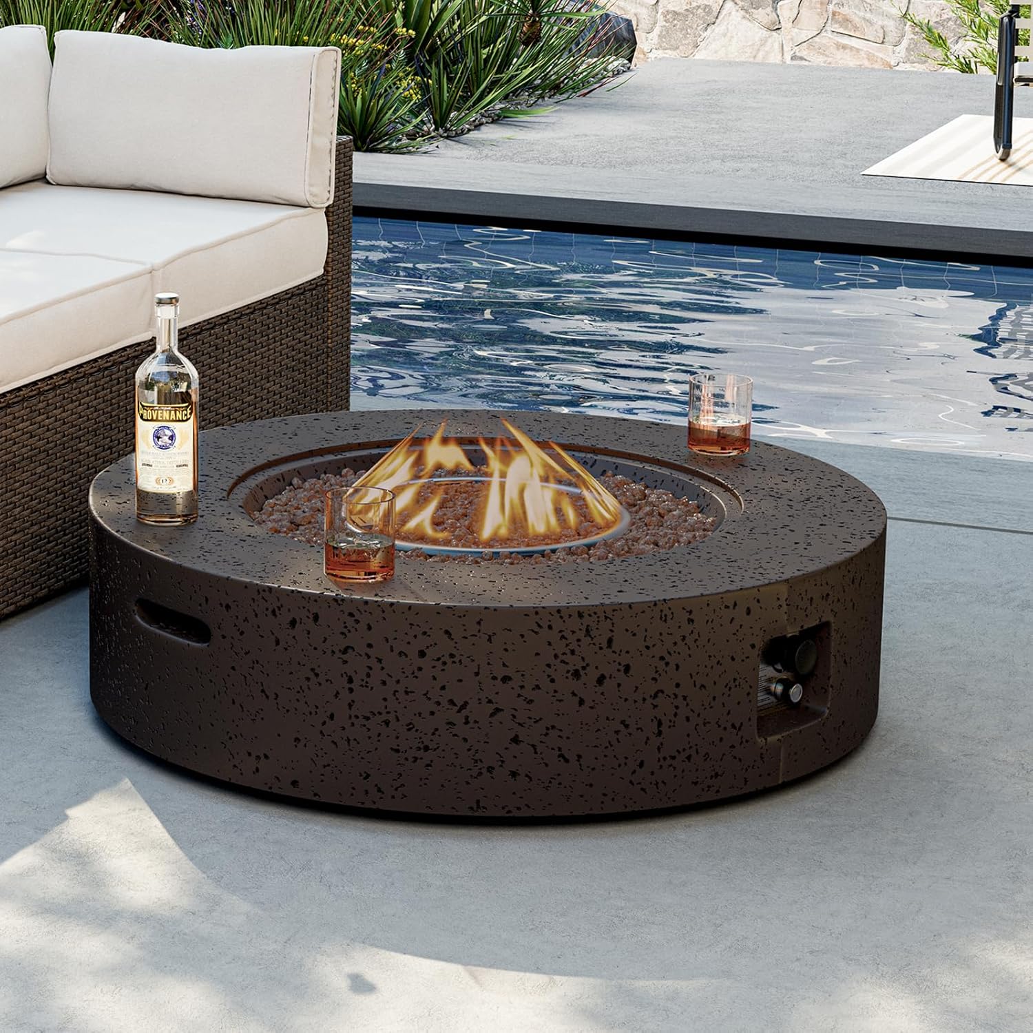 42 inches Round Propane Outdoor Fire Pit, Gas Patio Fire Table 50,000 BTU Concrete Travertine Design, Circular Base Firepit with Lava Rocks, Waterproof Cover (Brown)