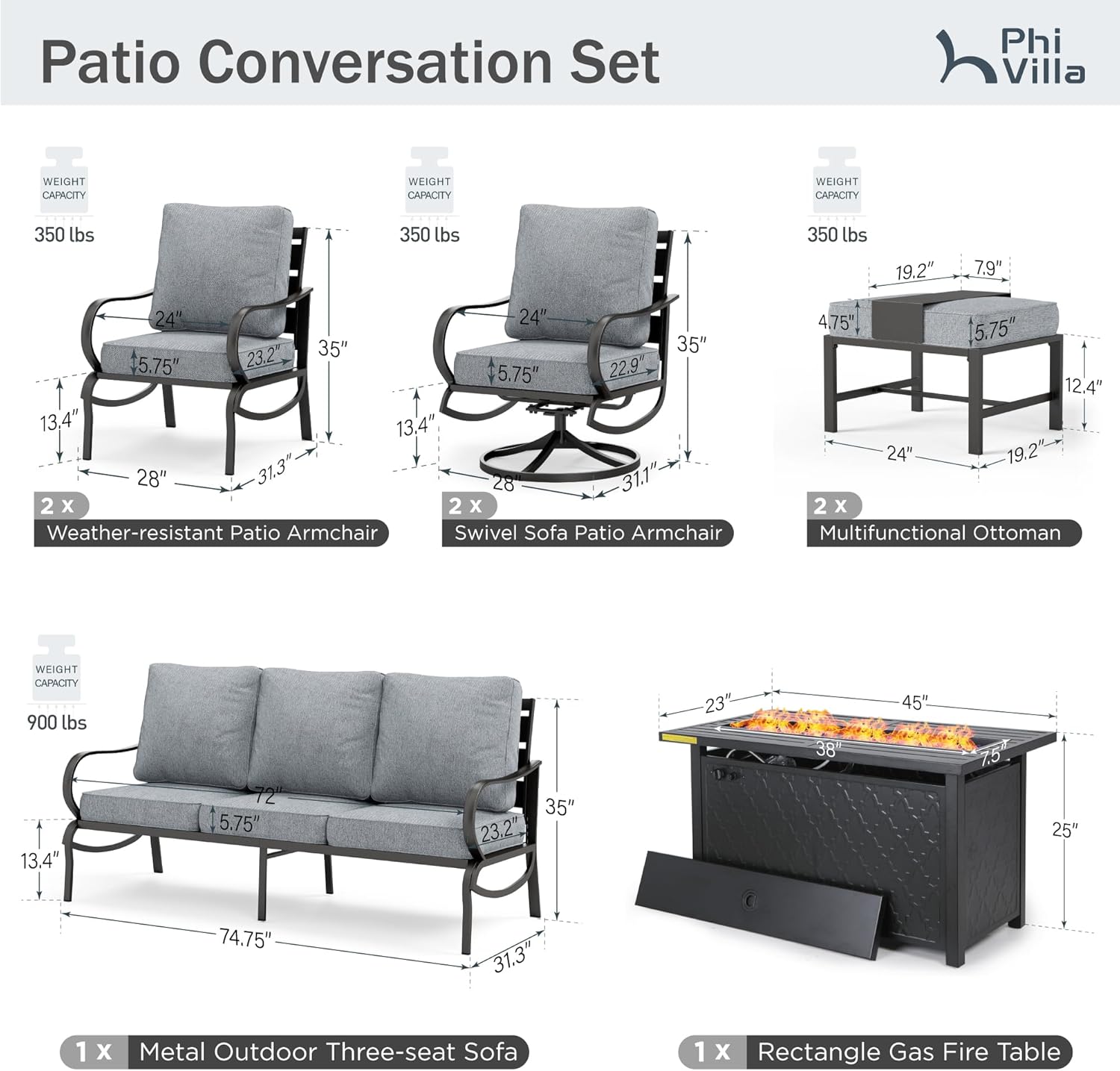 PHI VILLA 8 PCS Patio Furniture Set with Fire Pit Table,Metal Outdoor Furniture with 1 x 3-Seat Bench Sofa, 2 x Swivel Sofa Chairs, 2 x Leg Chair & 2 x Ottoman, Modern Patio Set, Grey