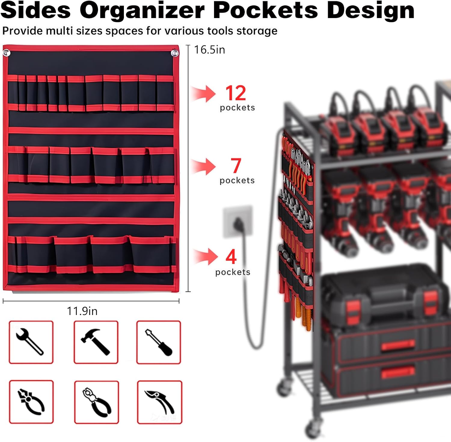 Large Power Tool Organizer Cart with Charging Station, 8 Slots for Cordless Drill Holder with Drawers, Rolling Storage Cart with 8 Power Outlet Heavy Duty Garage Organizer with Wheels for Men