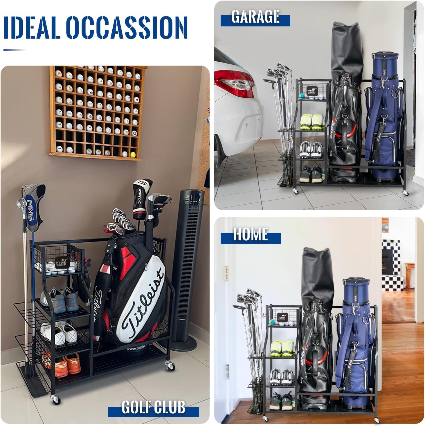 Mythinglogic Golf Storage Garage Organizer, Golf Bag Storage Stand and Other Golfing Equipment Rack, Extra Storage Rack for Golf Clubs