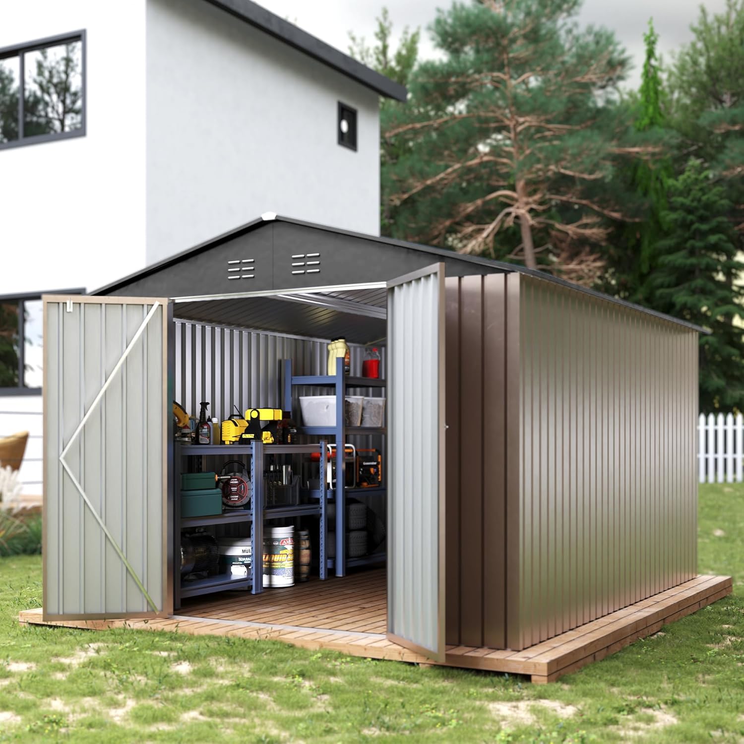 8 x 10 ft Outdoor Storage Shed, Metal Garden Shed with Updated Frame Structure, Tool Sheds with Lockable Doors,Bike Storage Shed for Backyard Garden Patio Lawn